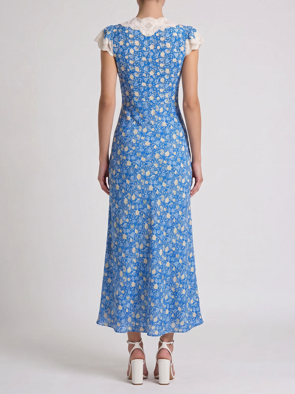French Lace Trim V Neck Cap Sleeve Floral Print Midi Dress - Light Blue