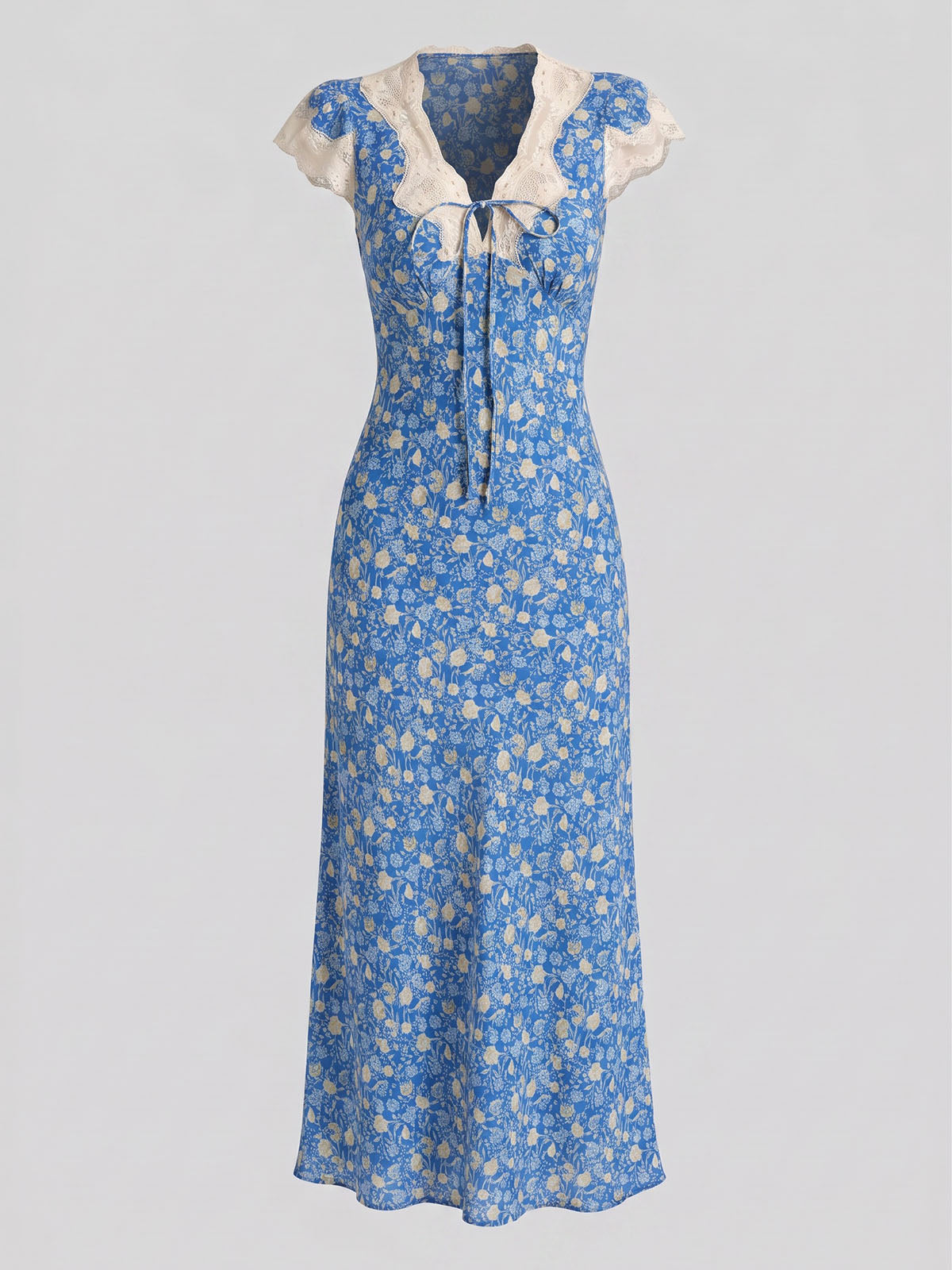 French Lace Trim V Neck Cap Sleeve Floral Print Midi Dress - Light Blue