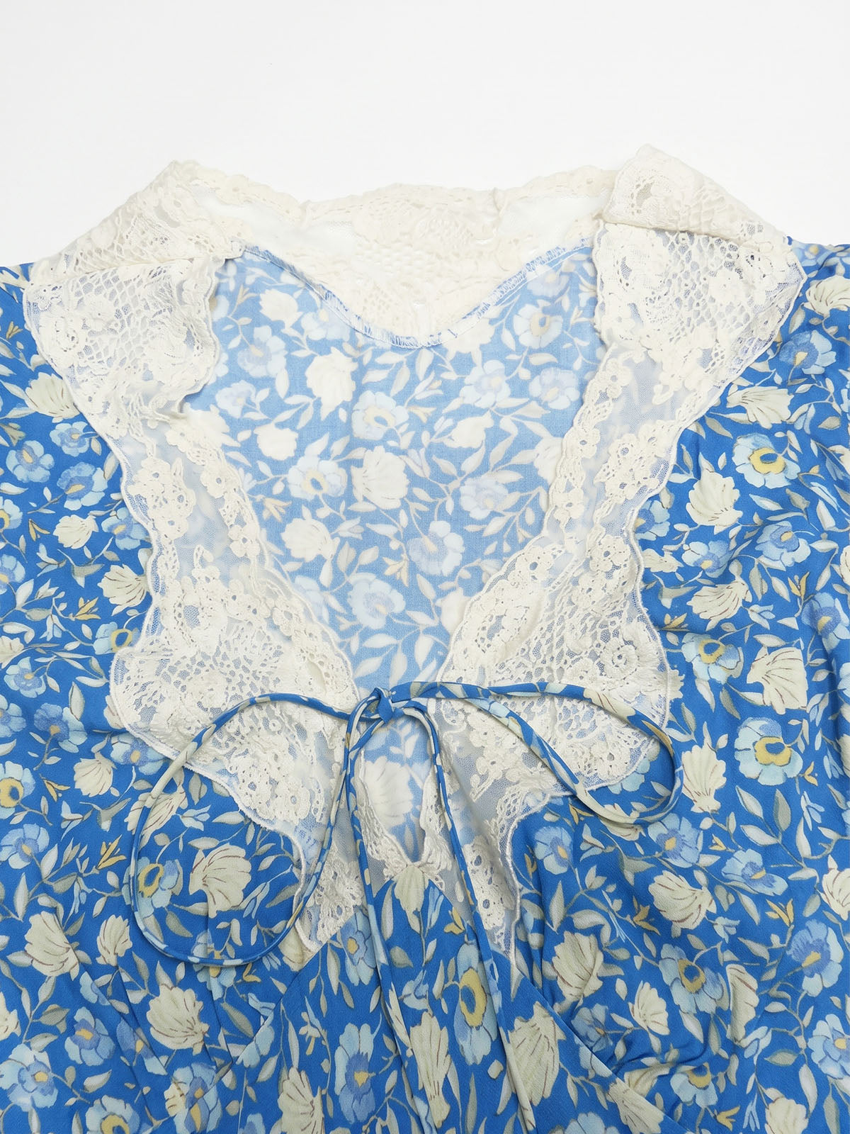 French Lace Trim V Neck Cap Sleeve Floral Print Midi Dress - Light Blue