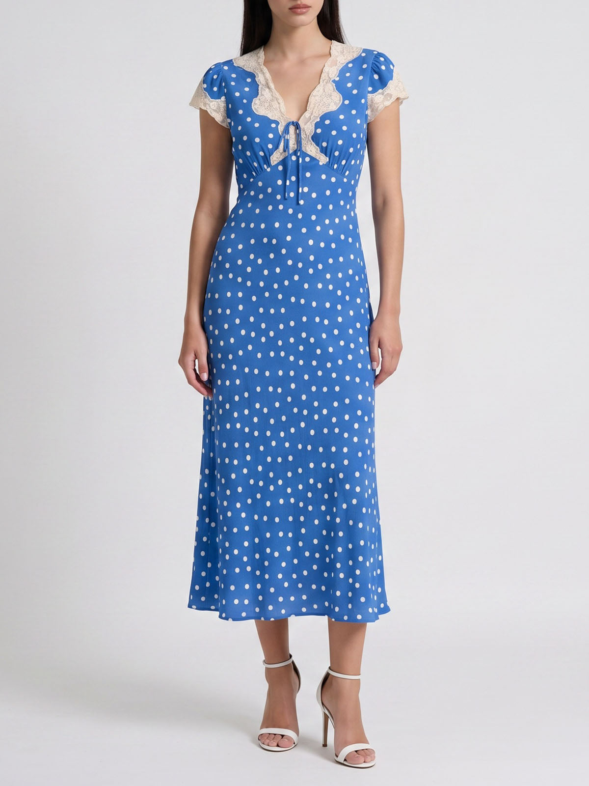 French Lace Trim V Neck Cap Sleeve Polka Dot Print Midi Dress - Blue