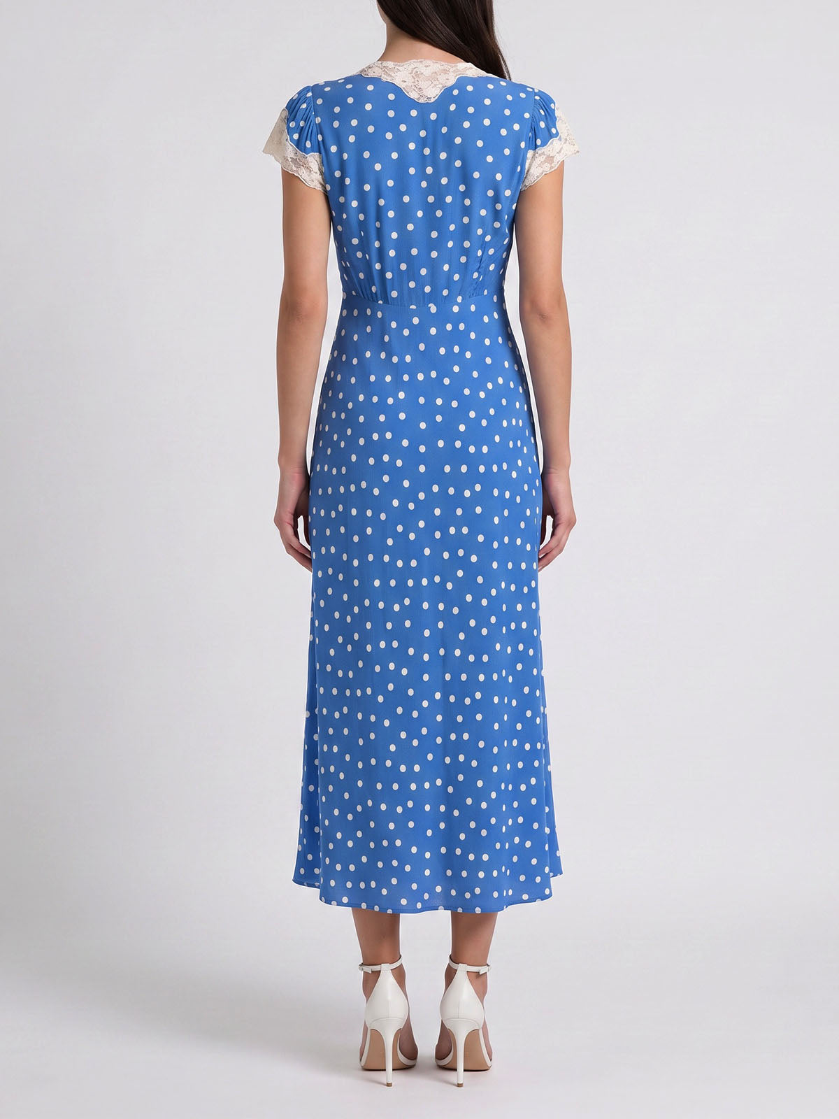 French Lace Trim V Neck Cap Sleeve Polka Dot Print Midi Dress - Blue
