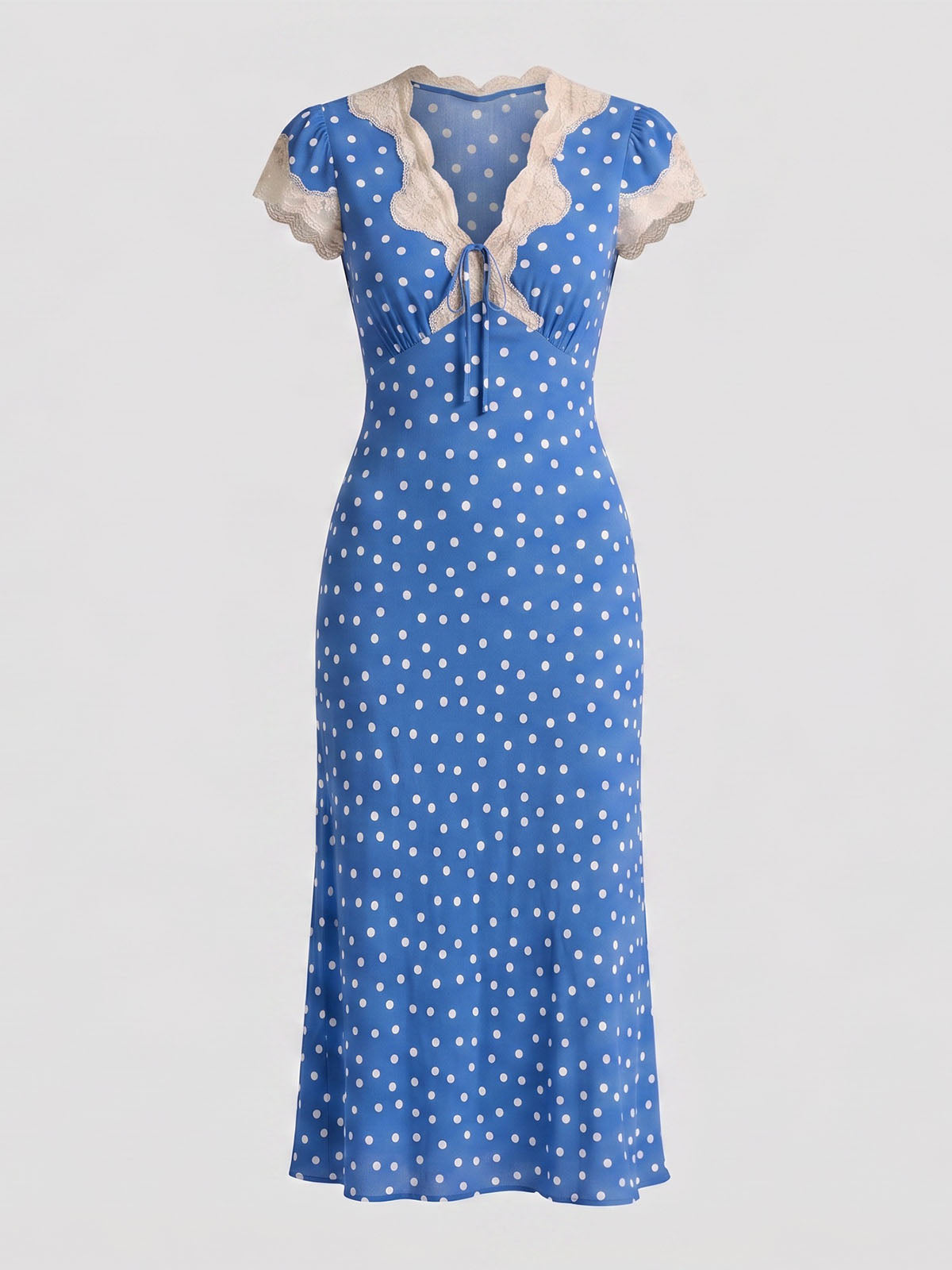 French Lace Trim V Neck Cap Sleeve Polka Dot Print Midi Dress - Blue