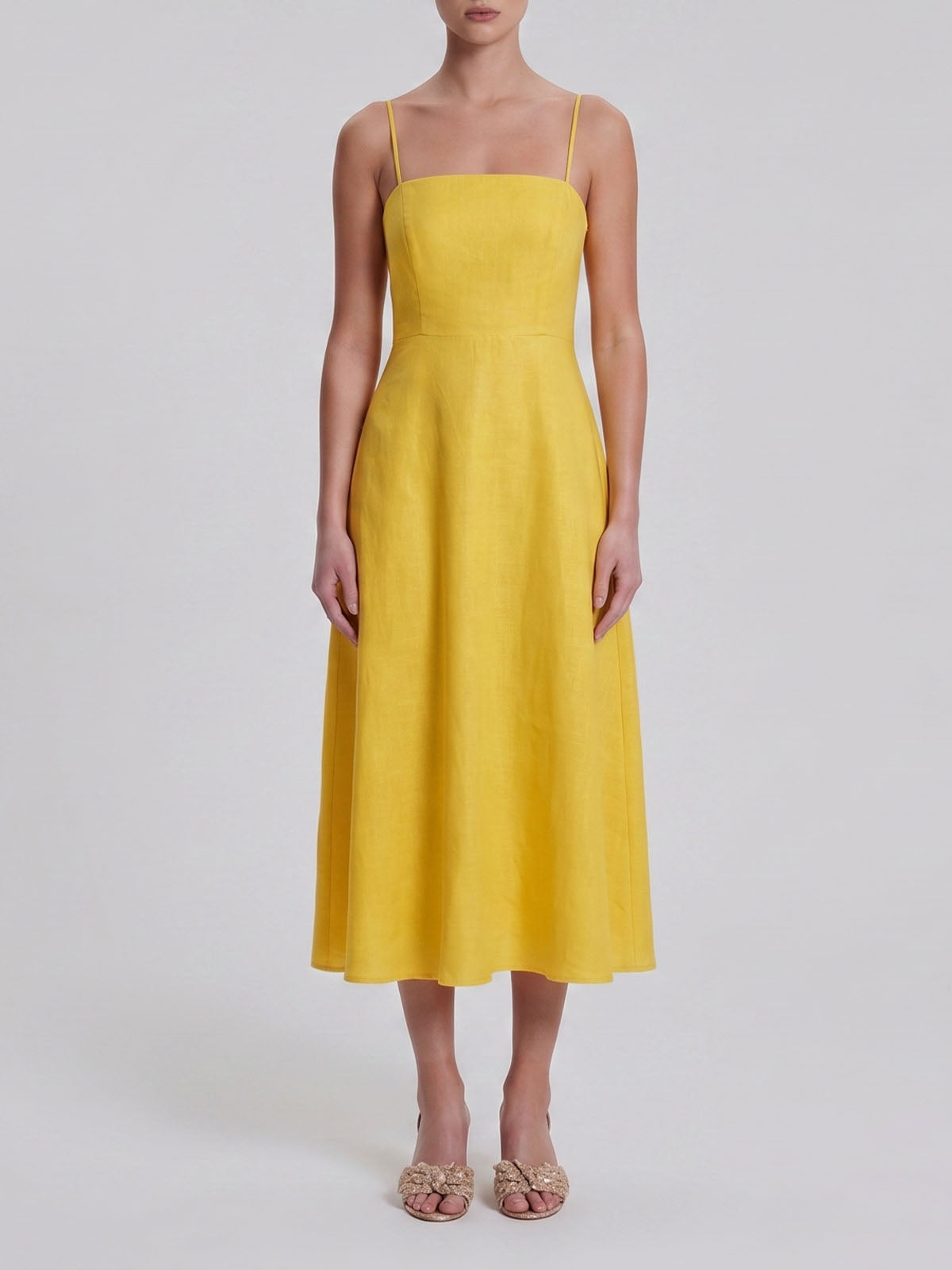 French Square Neck Spaghetti Fit & Flare Linen Slip Midi Dress - Yellow