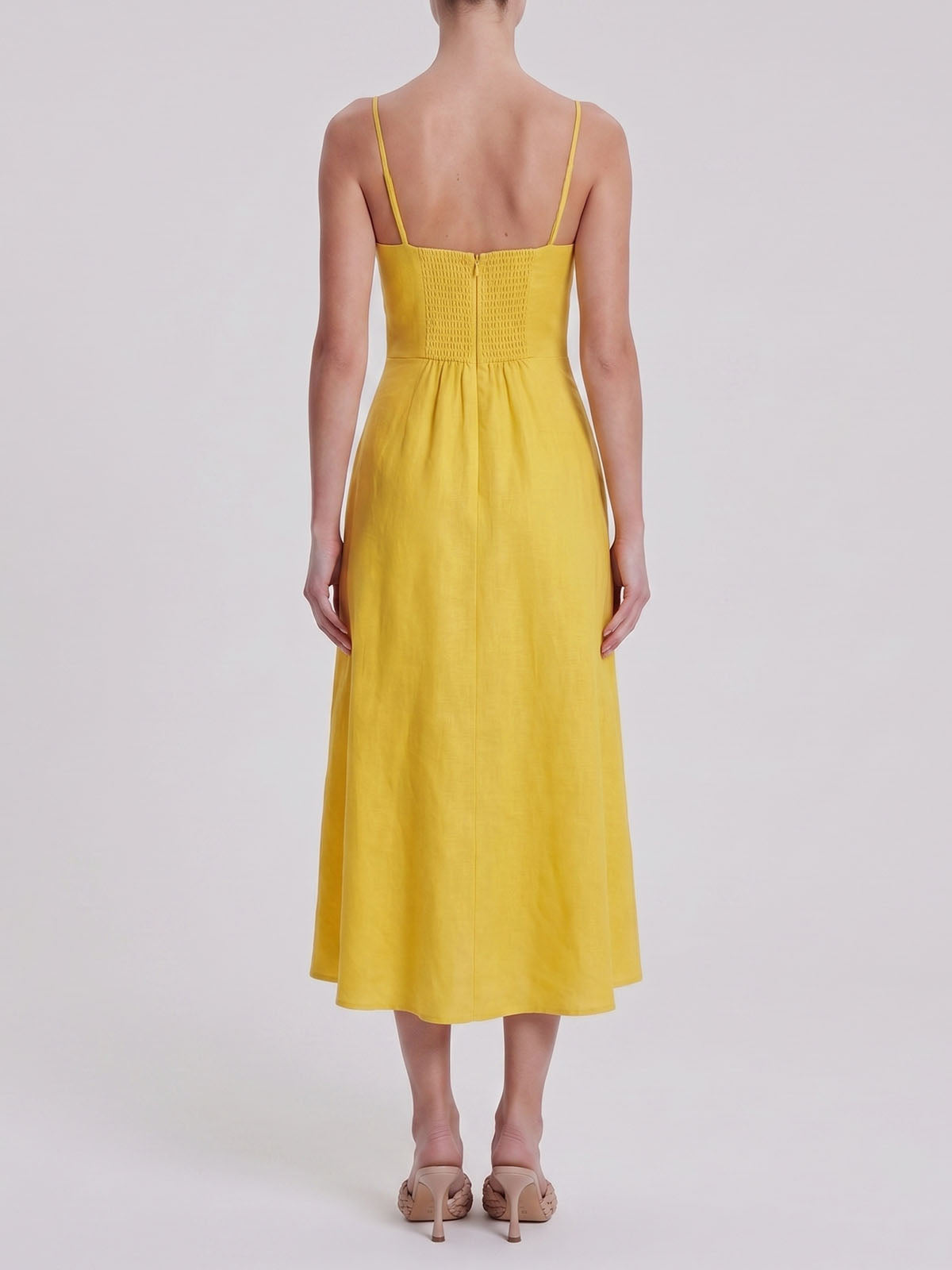 French Square Neck Spaghetti Fit & Flare Linen Slip Midi Dress - Yellow