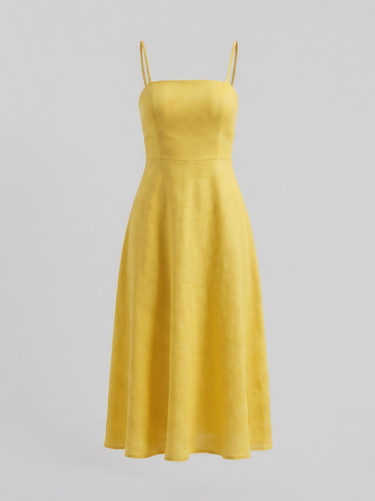 French Square Neck Spaghetti Fit & Flare Linen Slip Midi Dress - Yellow