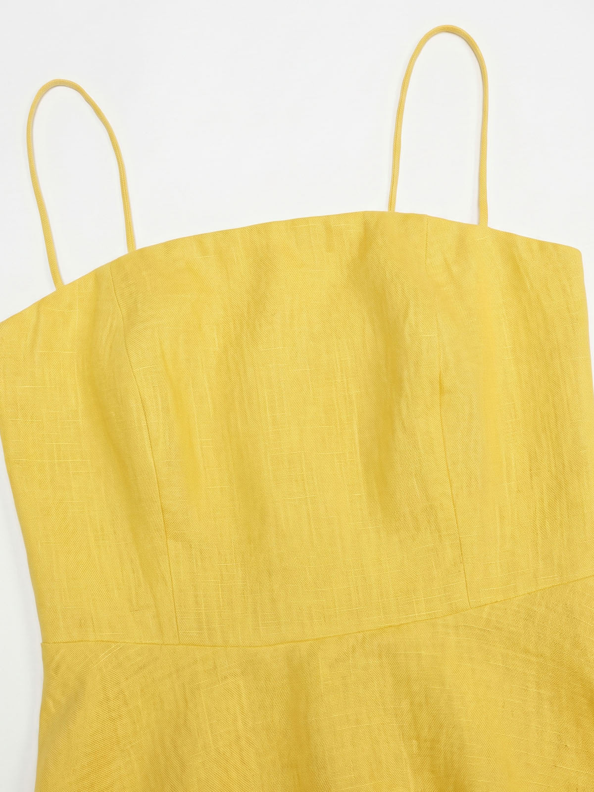 French Square Neck Spaghetti Fit & Flare Linen Slip Midi Dress - Yellow
