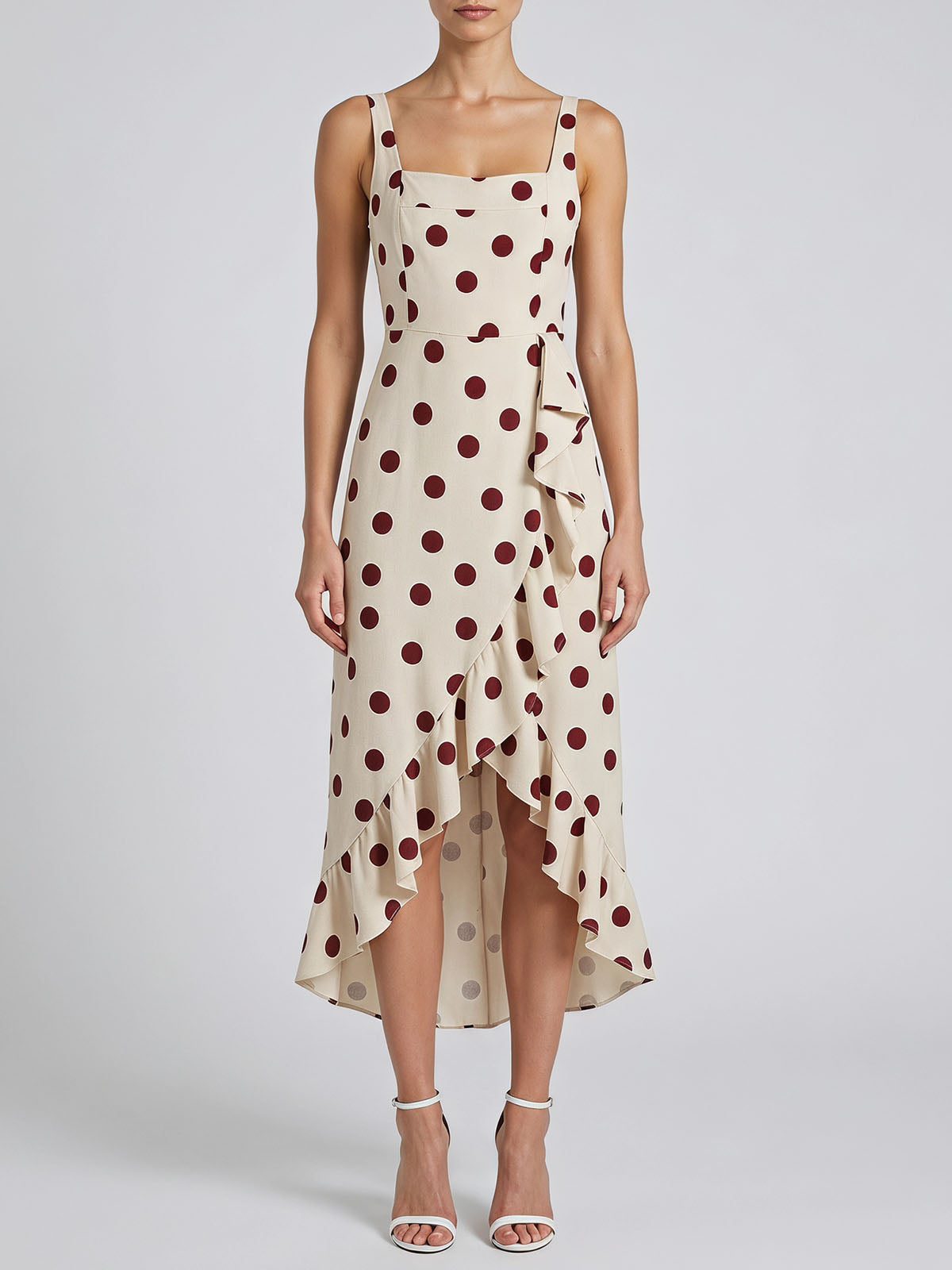 French Style Polka Dot Print Sleeveless Ruffle High Low Dress - Apricot