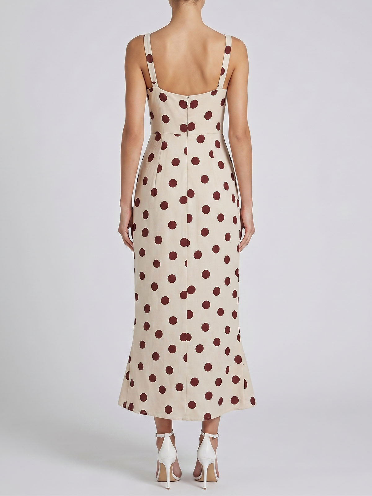 French Style Polka Dot Print Sleeveless Ruffle High Low Dress - Apricot