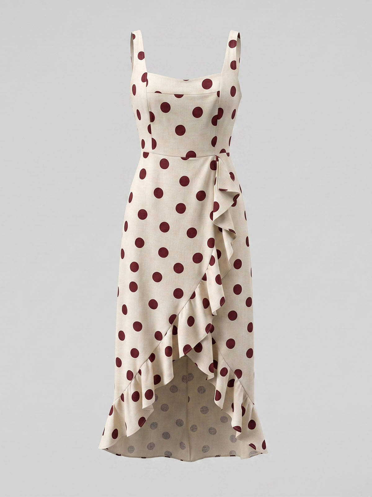 French Style Polka Dot Print Sleeveless Ruffle High Low Dress - Apricot