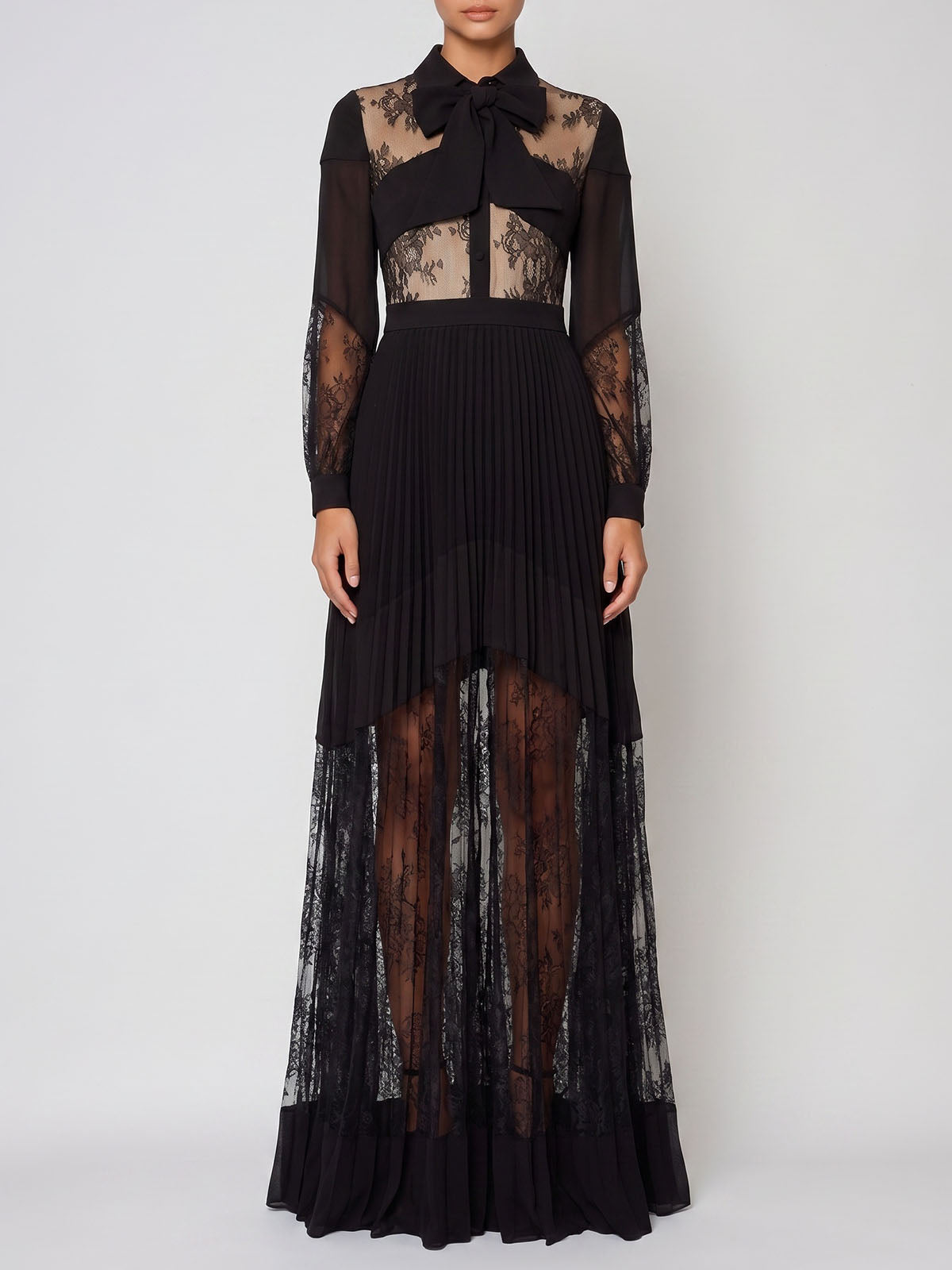 French Tie Neck Lace Long Sleeve Pleated Formal Maxi Dress - Black
