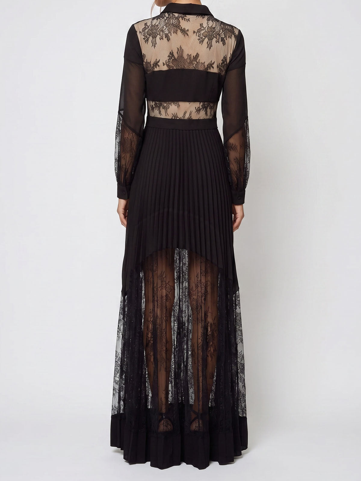 French Tie Neck Lace Long Sleeve Pleated Formal Maxi Dress - Black