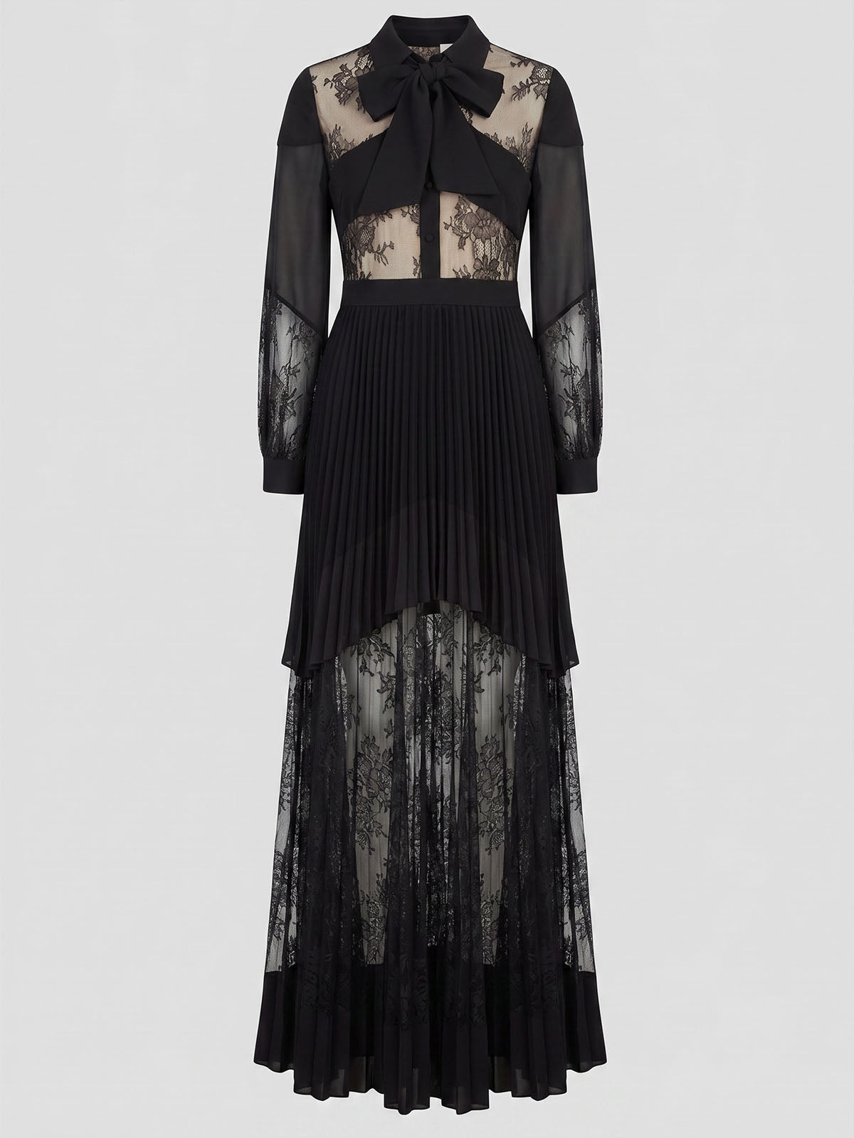 French Tie Neck Lace Long Sleeve Pleated Formal Maxi Dress - Black