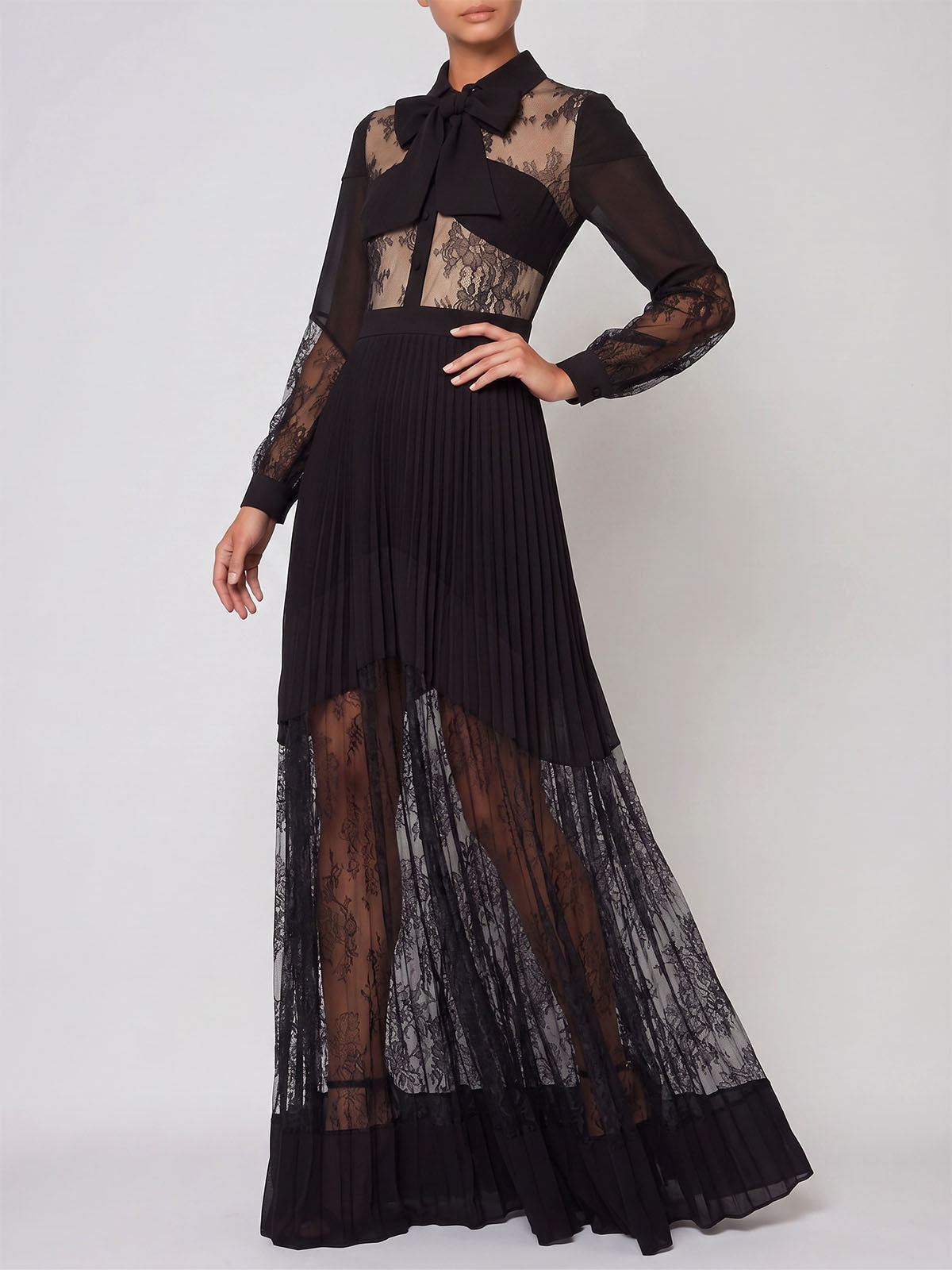 French Tie Neck Lace Long Sleeve Pleated Formal Maxi Dress - Black