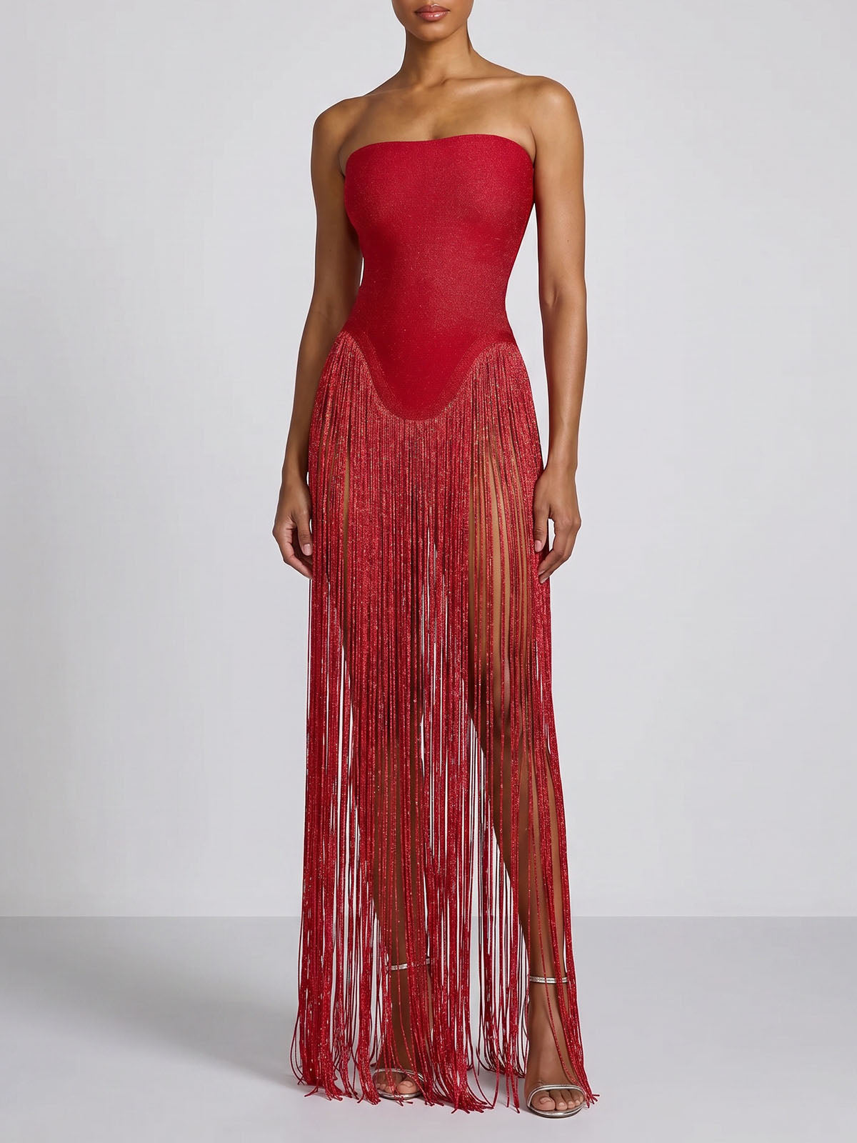 Glamorous Strapless Drop Waist Bandage Fringe Romper Maxi Dress - Red