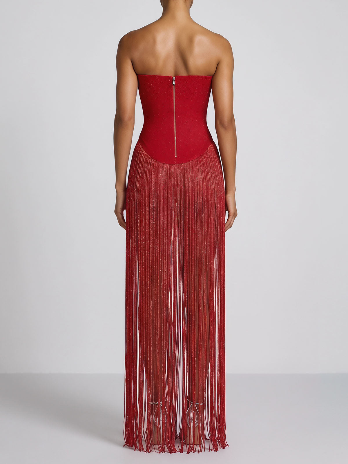 Glamorous Strapless Drop Waist Bandage Fringe Romper Maxi Dress - Red