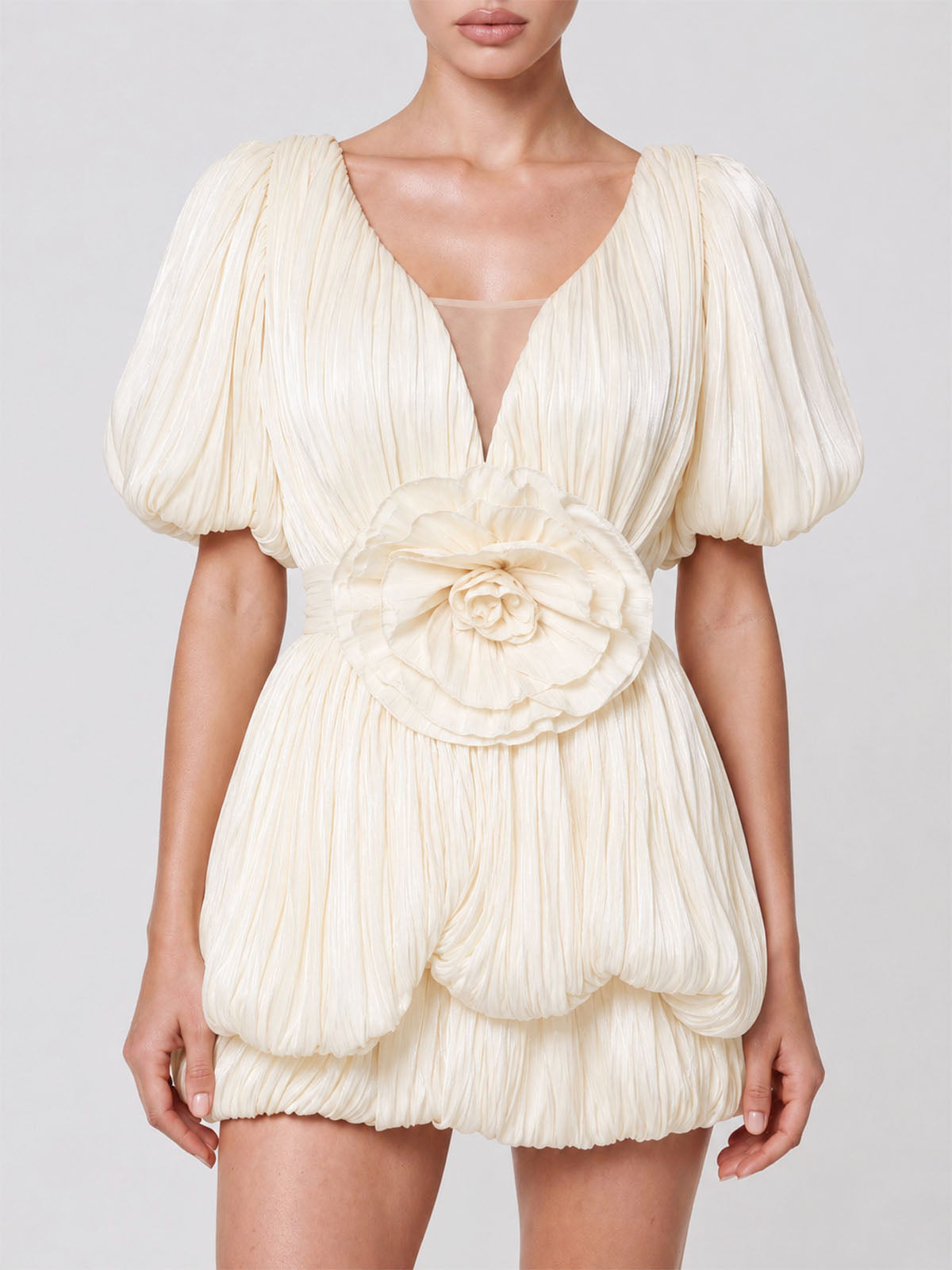 Glossy Flower Deep V Puff Sleeve Layered Pleated Mini Dress - Beige