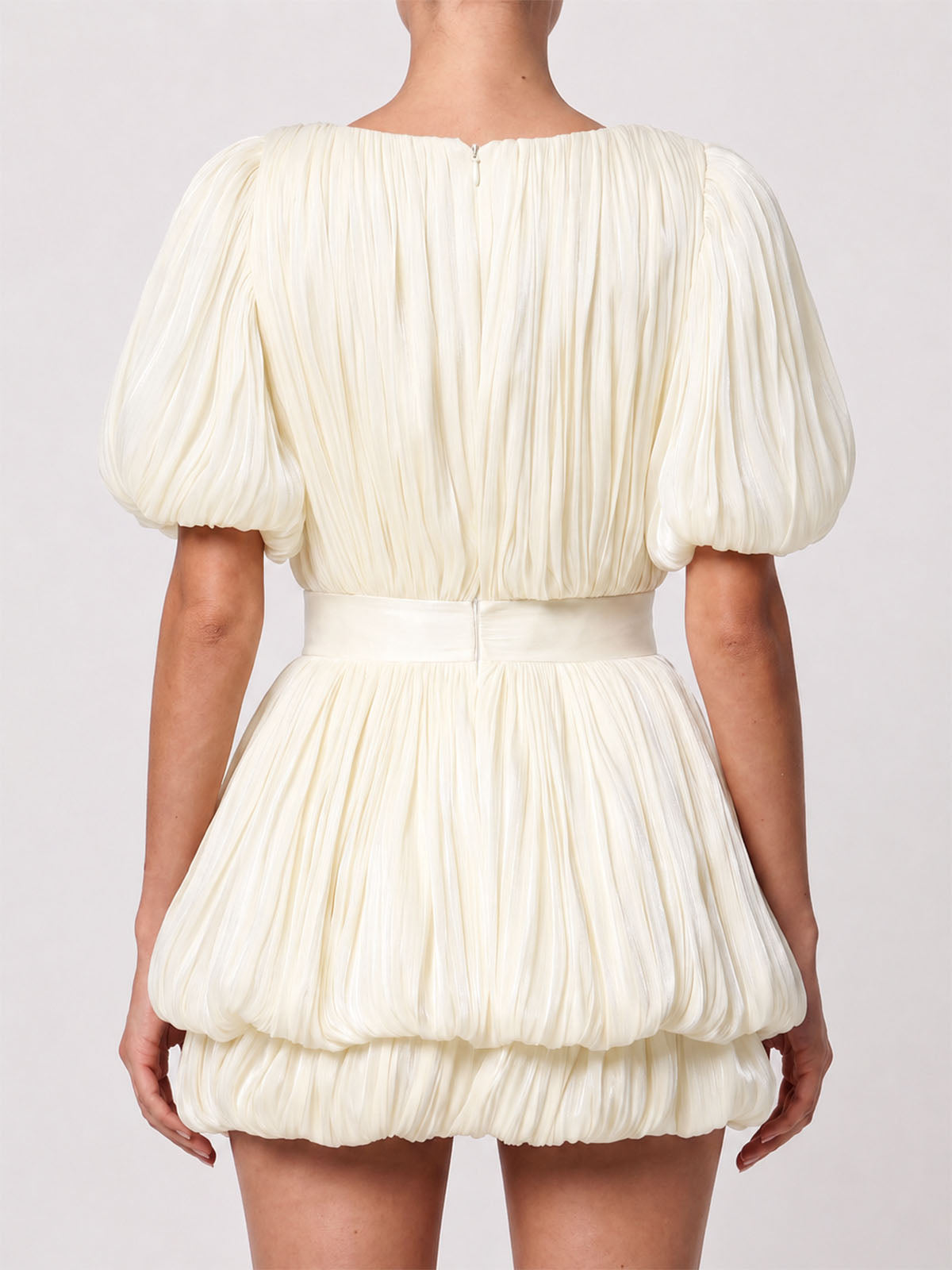Glossy Flower Deep V Puff Sleeve Layered Pleated Mini Dress - Beige