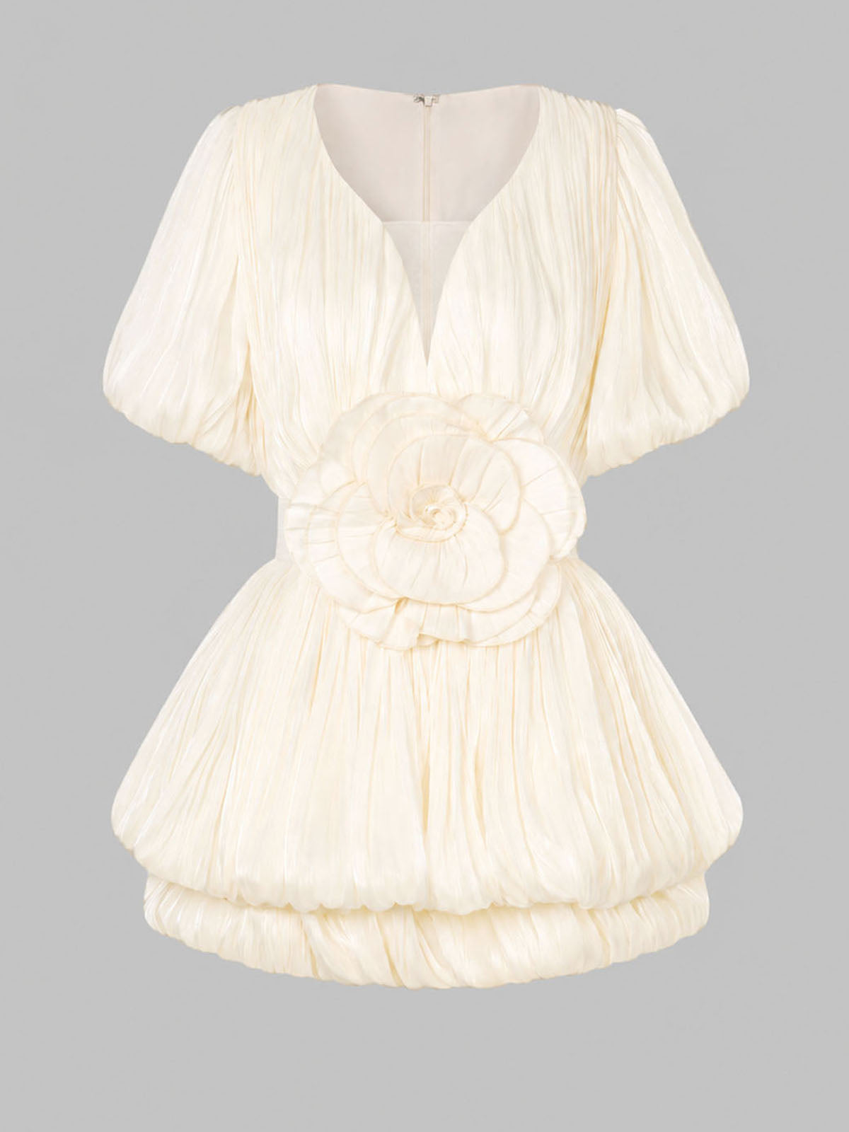 Glossy Flower Deep V Puff Sleeve Layered Pleated Mini Dress - Beige