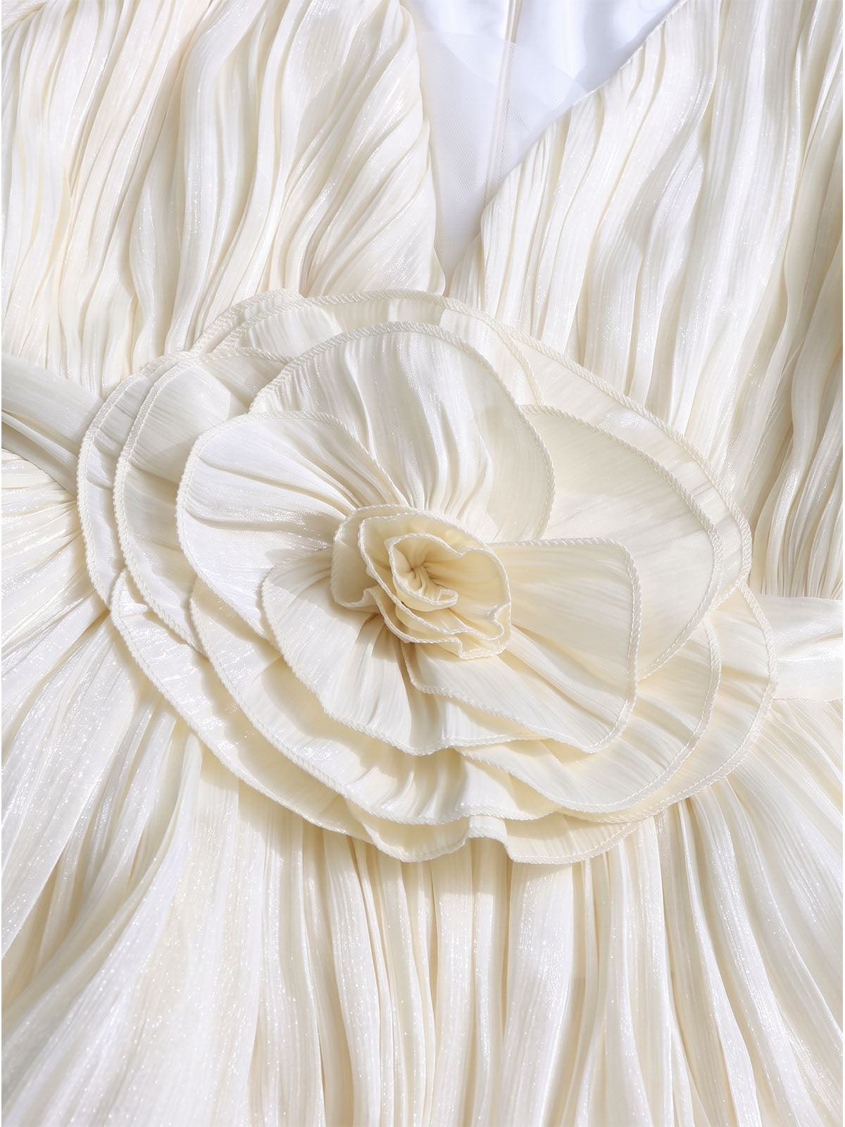Glossy Flower Deep V Puff Sleeve Layered Pleated Mini Dress - Beige