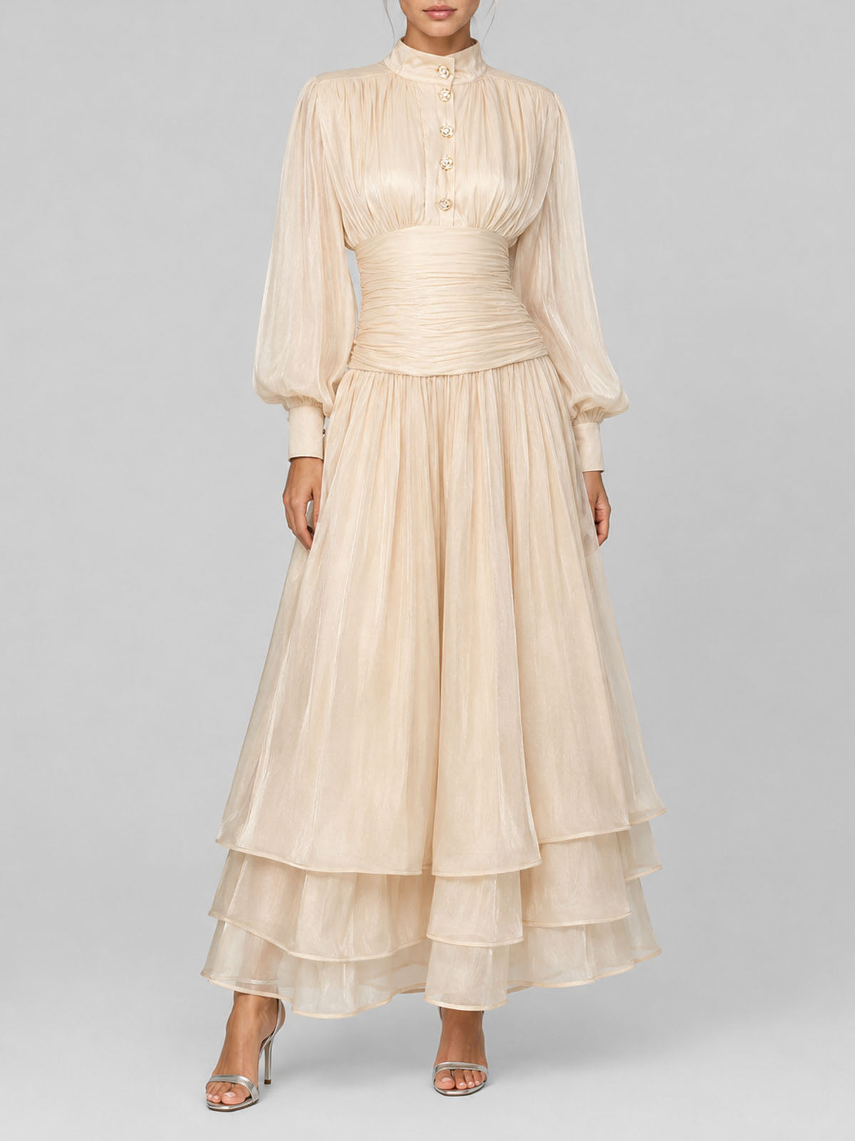 Glossy High Neck Bishop Sleeve Ruffle Formal Maxi Dress - Nude