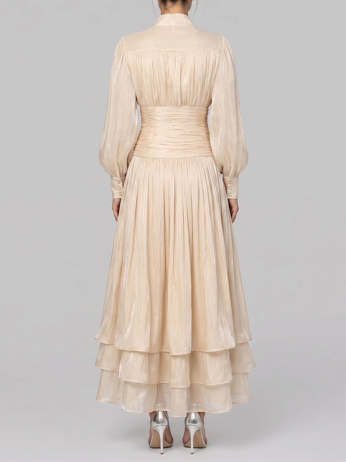 Glossy High Neck Bishop Sleeve Ruffle Formal Maxi Dress - Nude