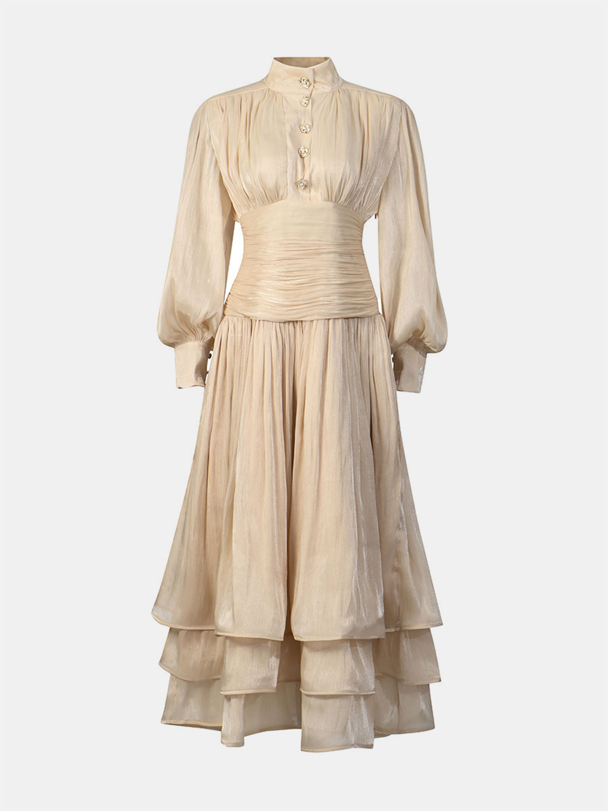 Glossy High Neck Bishop Sleeve Ruffle Formal Maxi Dress - Nude