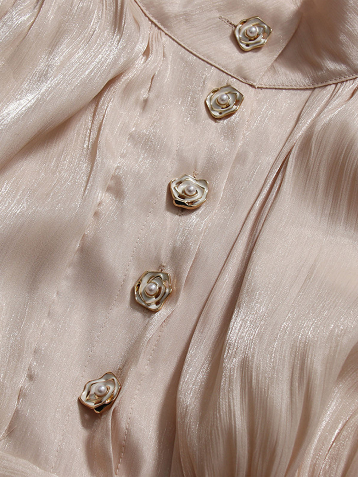 Glossy High Neck Bishop Sleeve Ruffle Formal Maxi Dress - Nude