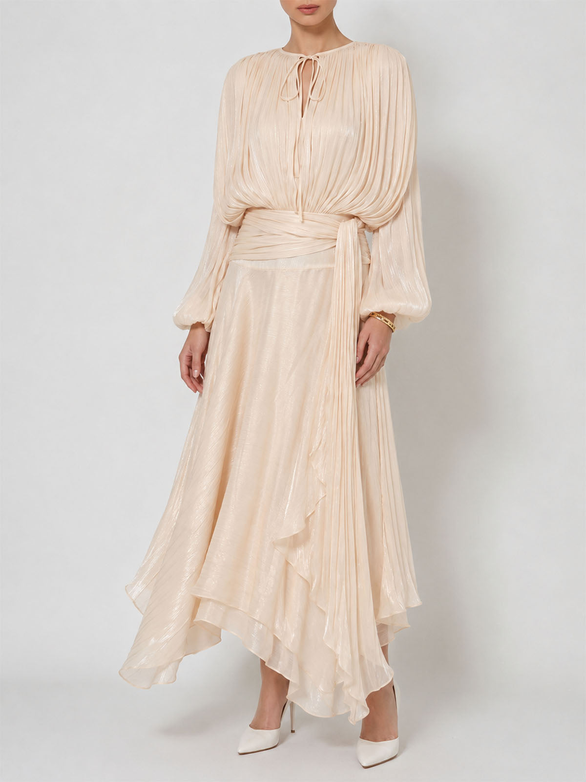 Glossy Tie Neck Pleated Balloon Sleeve Ruffle Maxi Dress - Nude