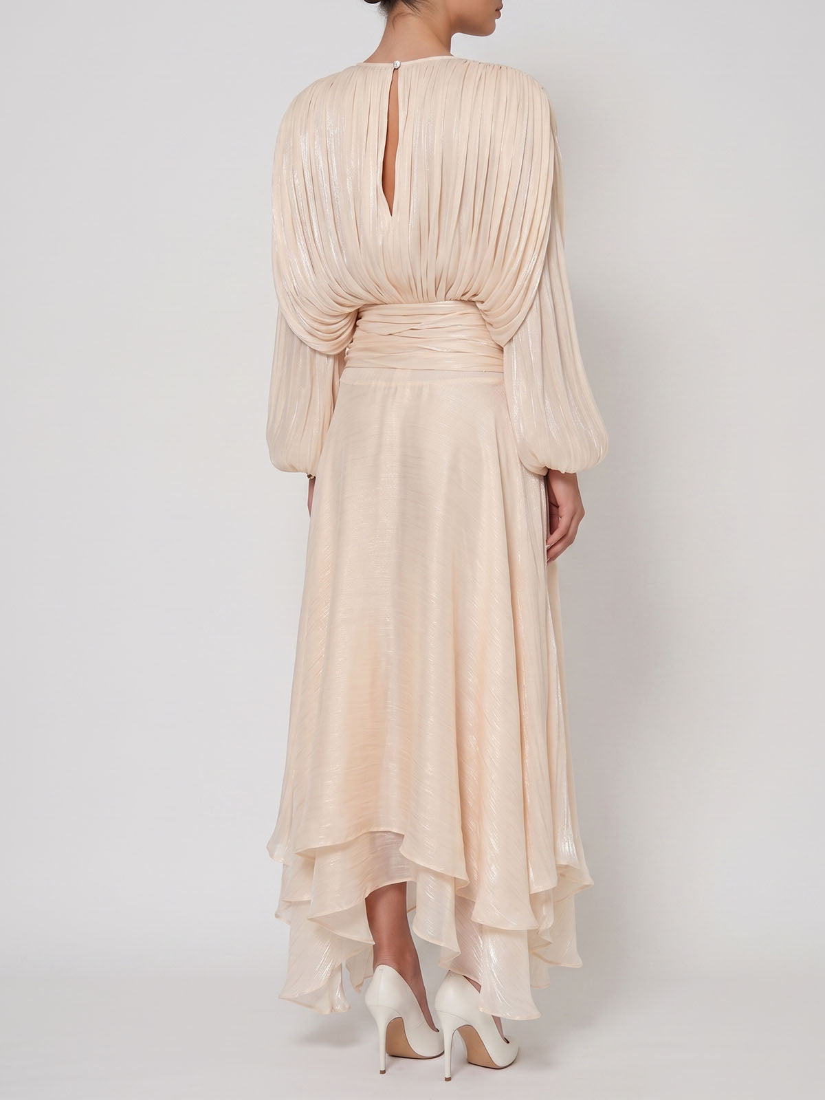 Glossy Tie Neck Pleated Balloon Sleeve Ruffle Maxi Dress - Nude