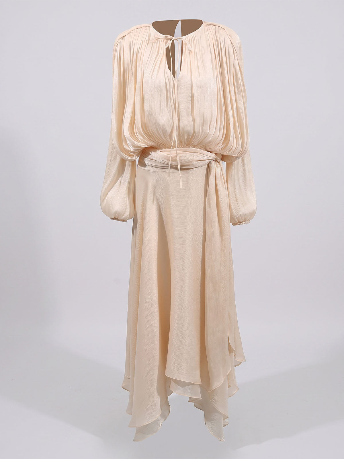 Glossy Tie Neck Pleated Balloon Sleeve Ruffle Maxi Dress - Nude