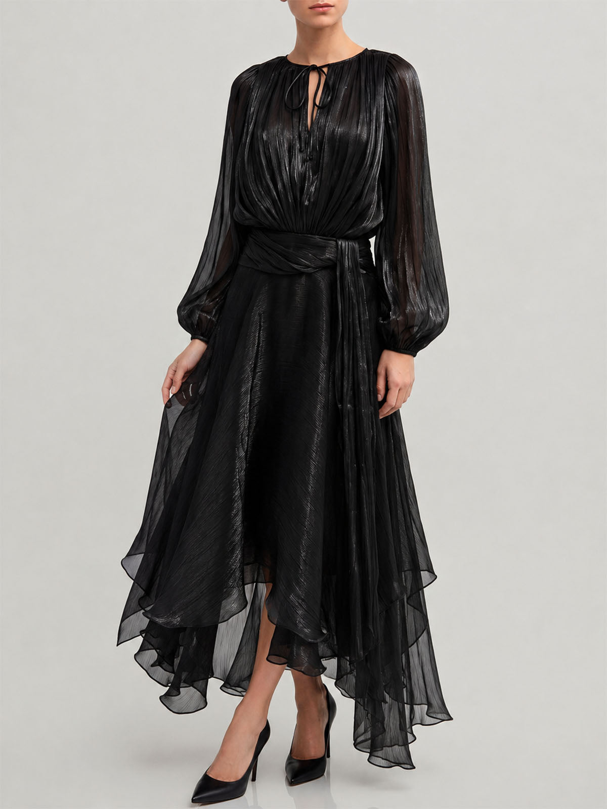 Glossy Tie Neck Pleated Balloon Sleeve Ruffle Maxi Dress - Black