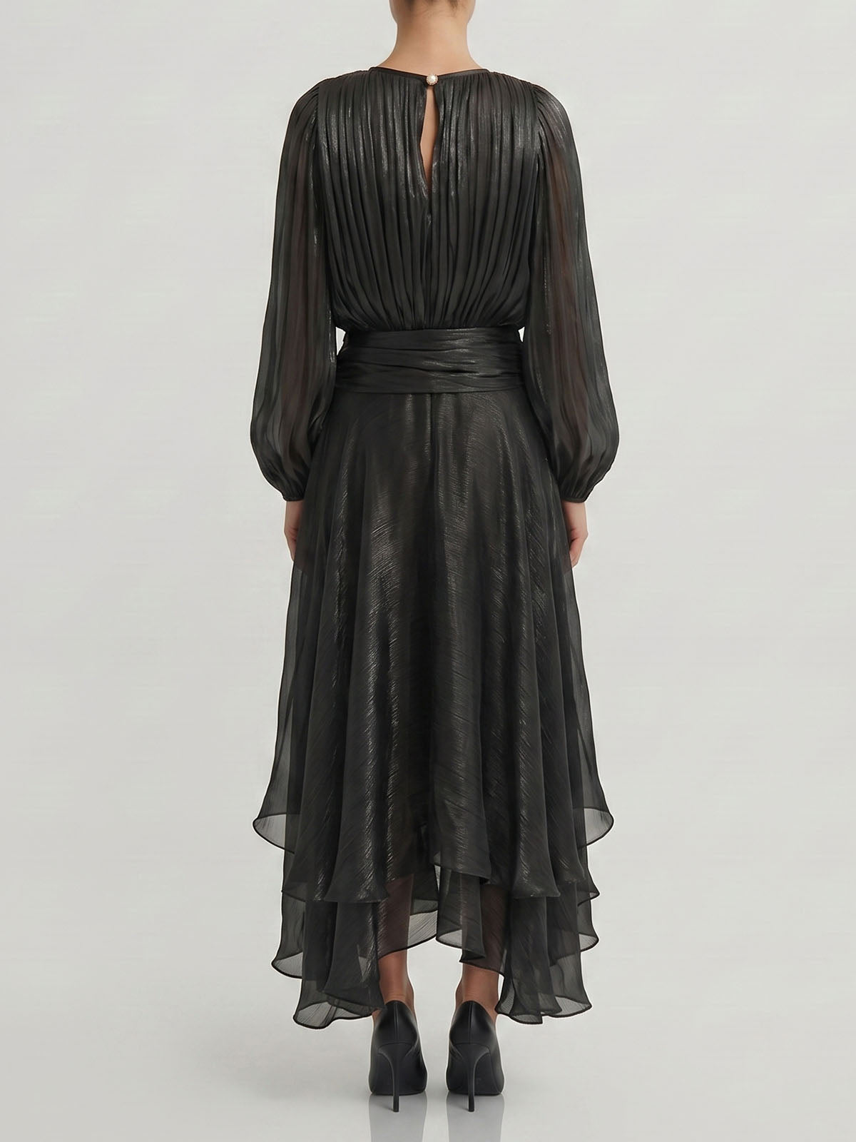 Glossy Tie Neck Pleated Balloon Sleeve Ruffle Maxi Dress - Black