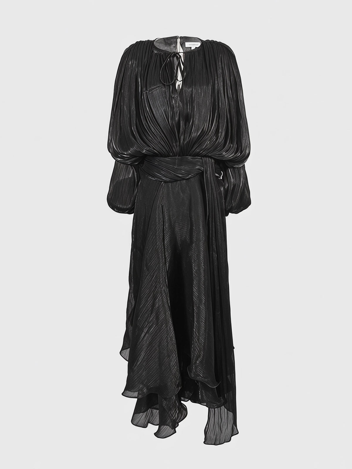 Glossy Tie Neck Pleated Balloon Sleeve Ruffle Maxi Dress - Black