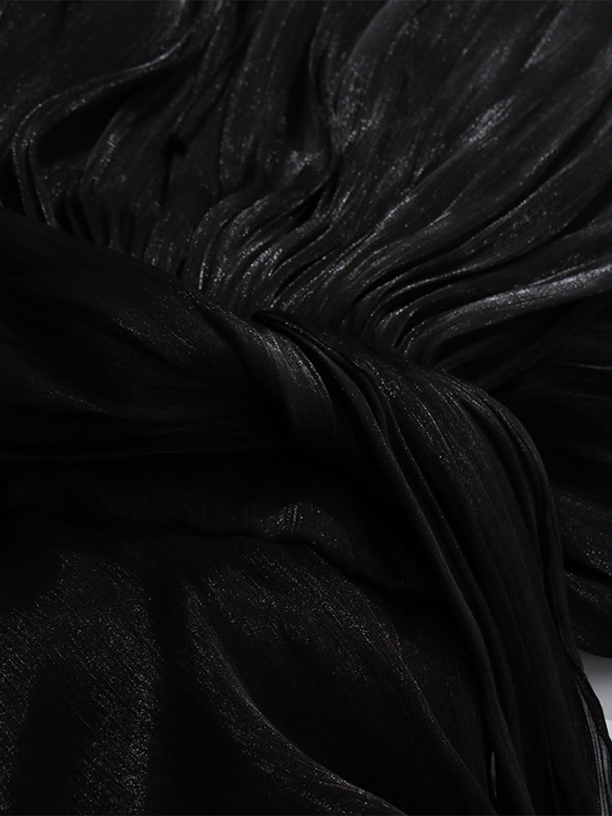 Glossy Tie Neck Pleated Balloon Sleeve Ruffle Maxi Dress - Black