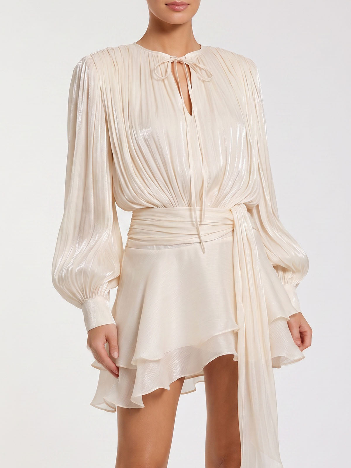 Glossy Tie Neck Pleated Balloon Sleeve Ruffle Mini Dress - Nude