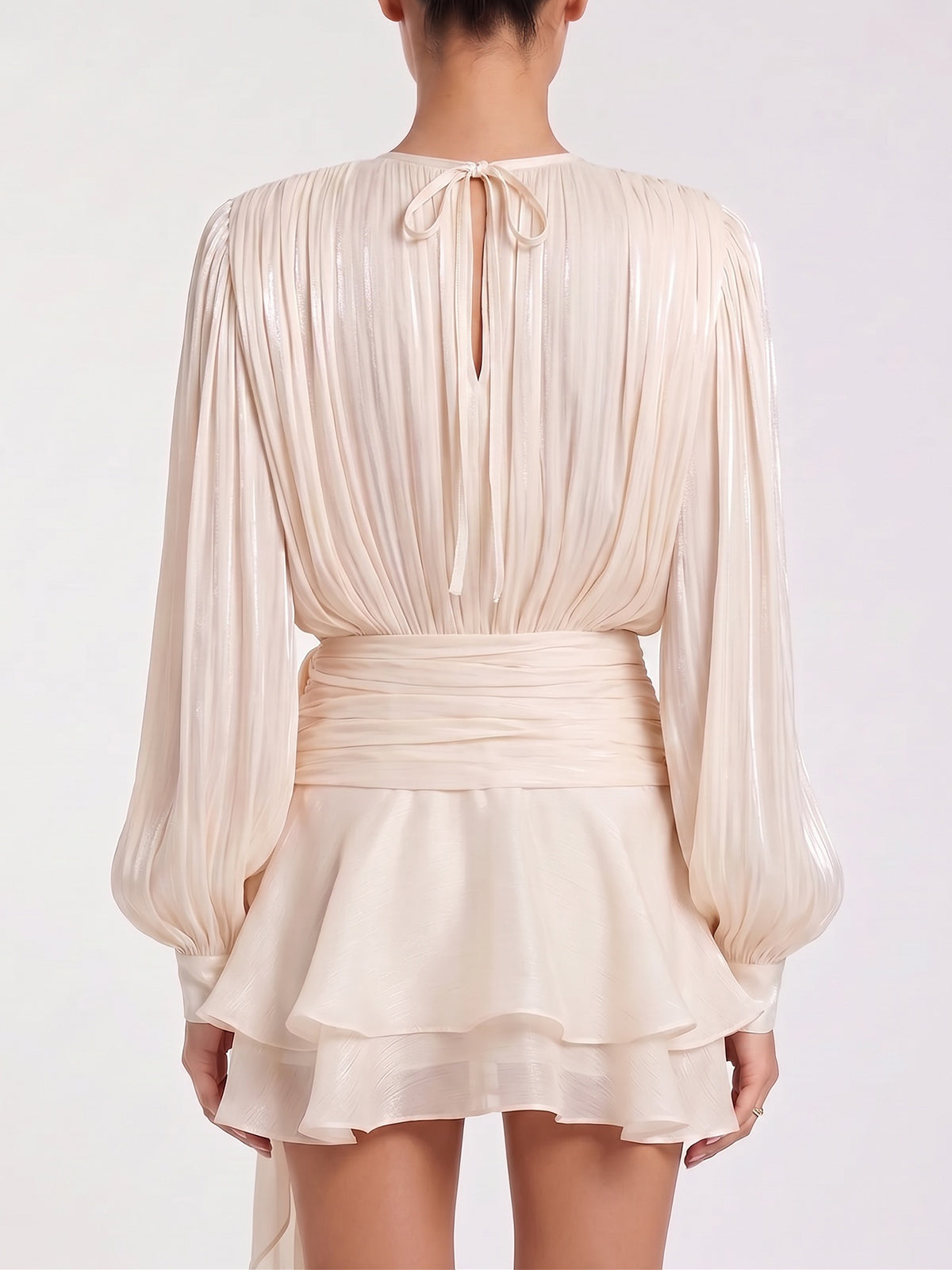 Glossy Tie Neck Pleated Balloon Sleeve Ruffle Mini Dress - Nude