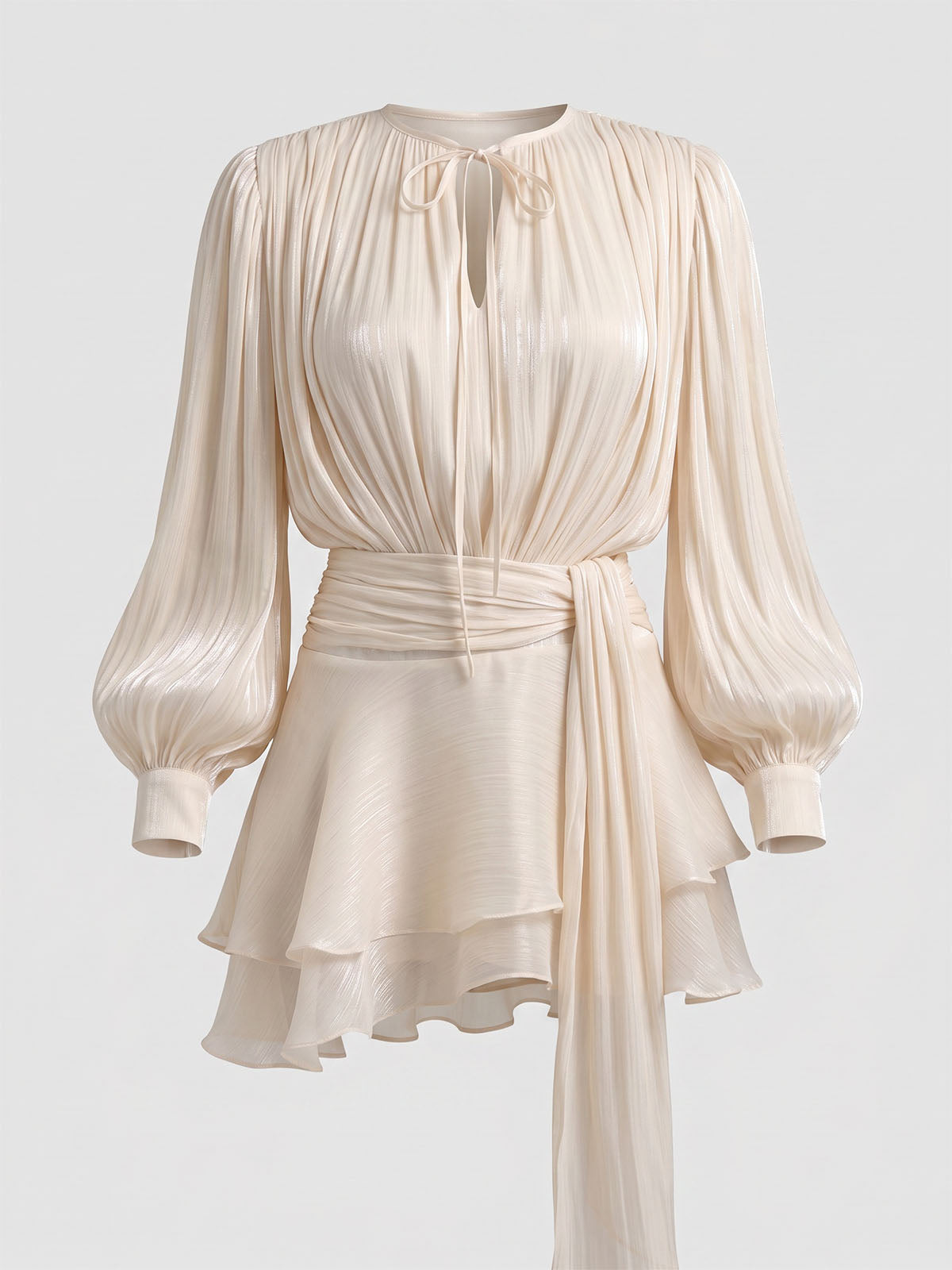 Glossy Tie Neck Pleated Balloon Sleeve Ruffle Mini Dress - Nude