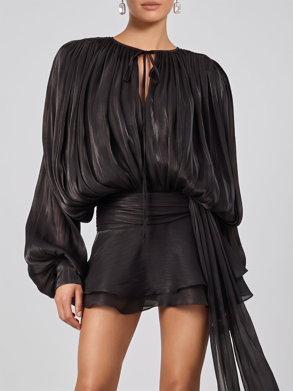 Glossy Tie Neck Pleated Balloon Sleeve Ruffle Mini Dress - Black