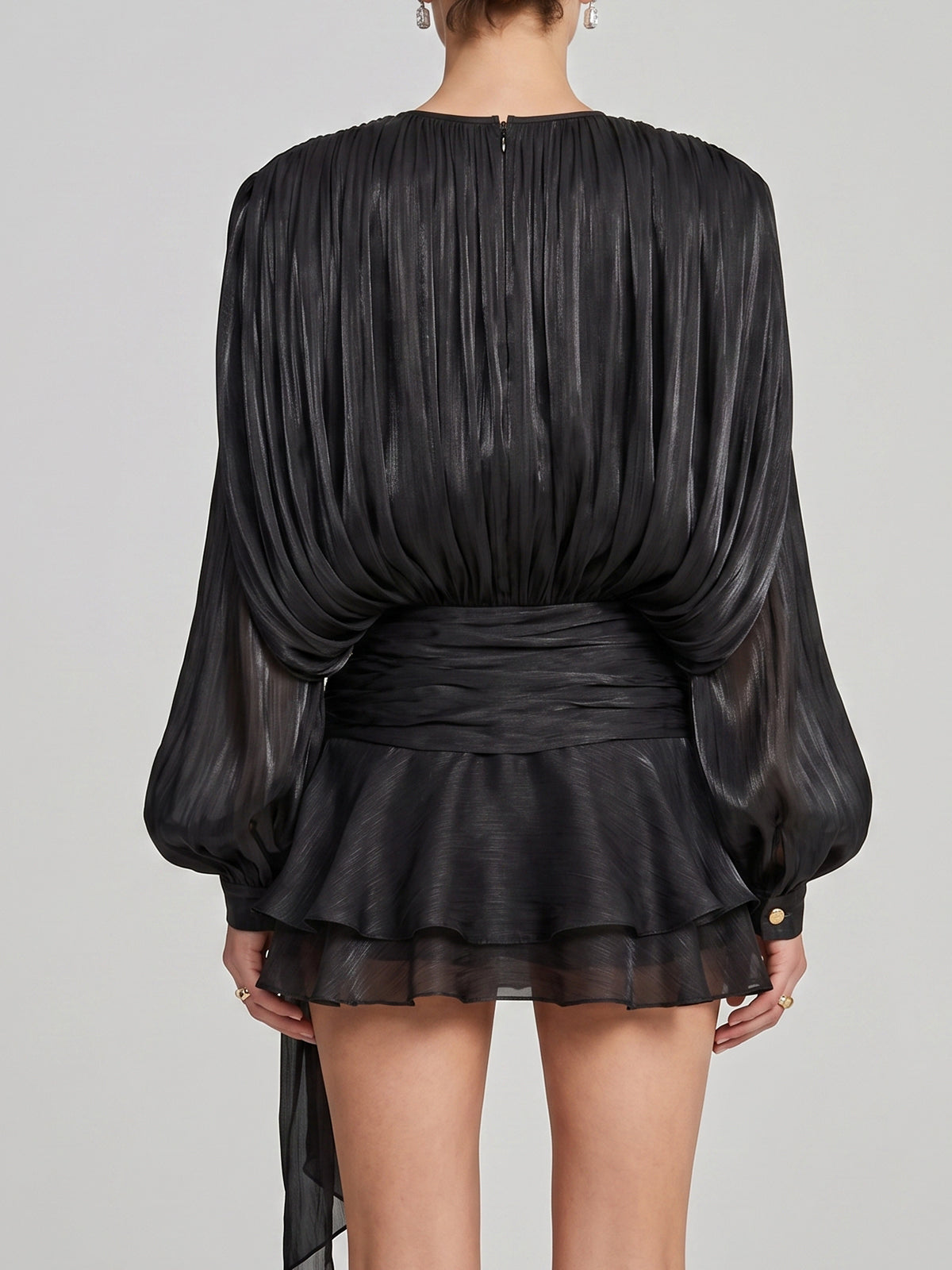 Glossy Tie Neck Pleated Balloon Sleeve Ruffle Mini Dress - Black