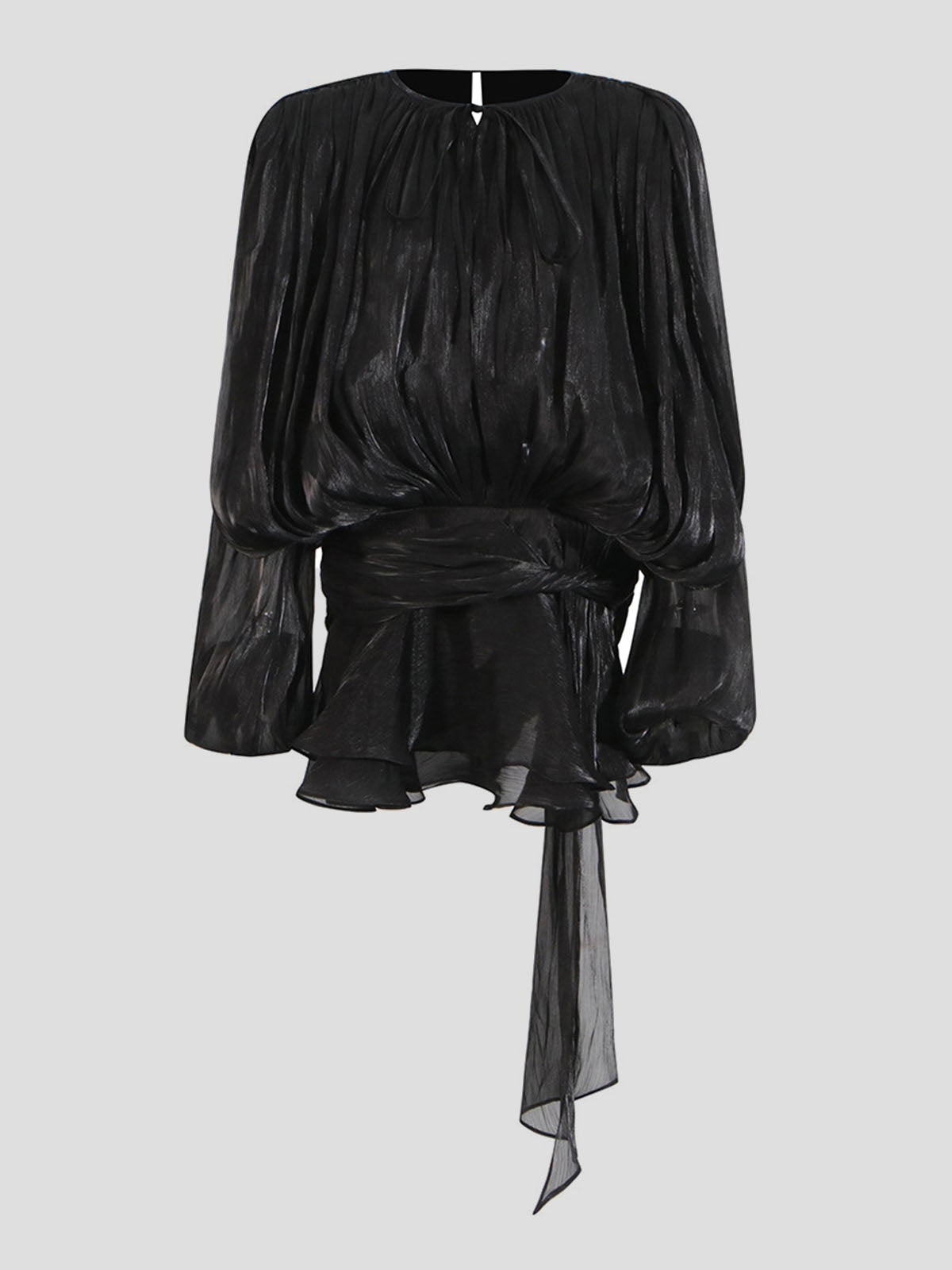 Glossy Tie Neck Pleated Balloon Sleeve Ruffle Mini Dress - Black