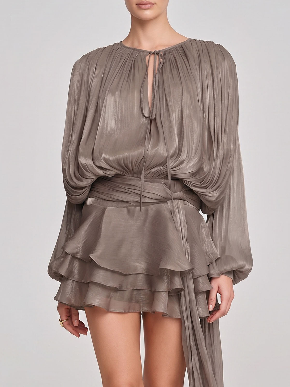 Glossy Tie Neck Pleated Balloon Sleeve Ruffle Mini Dress - Coffee
