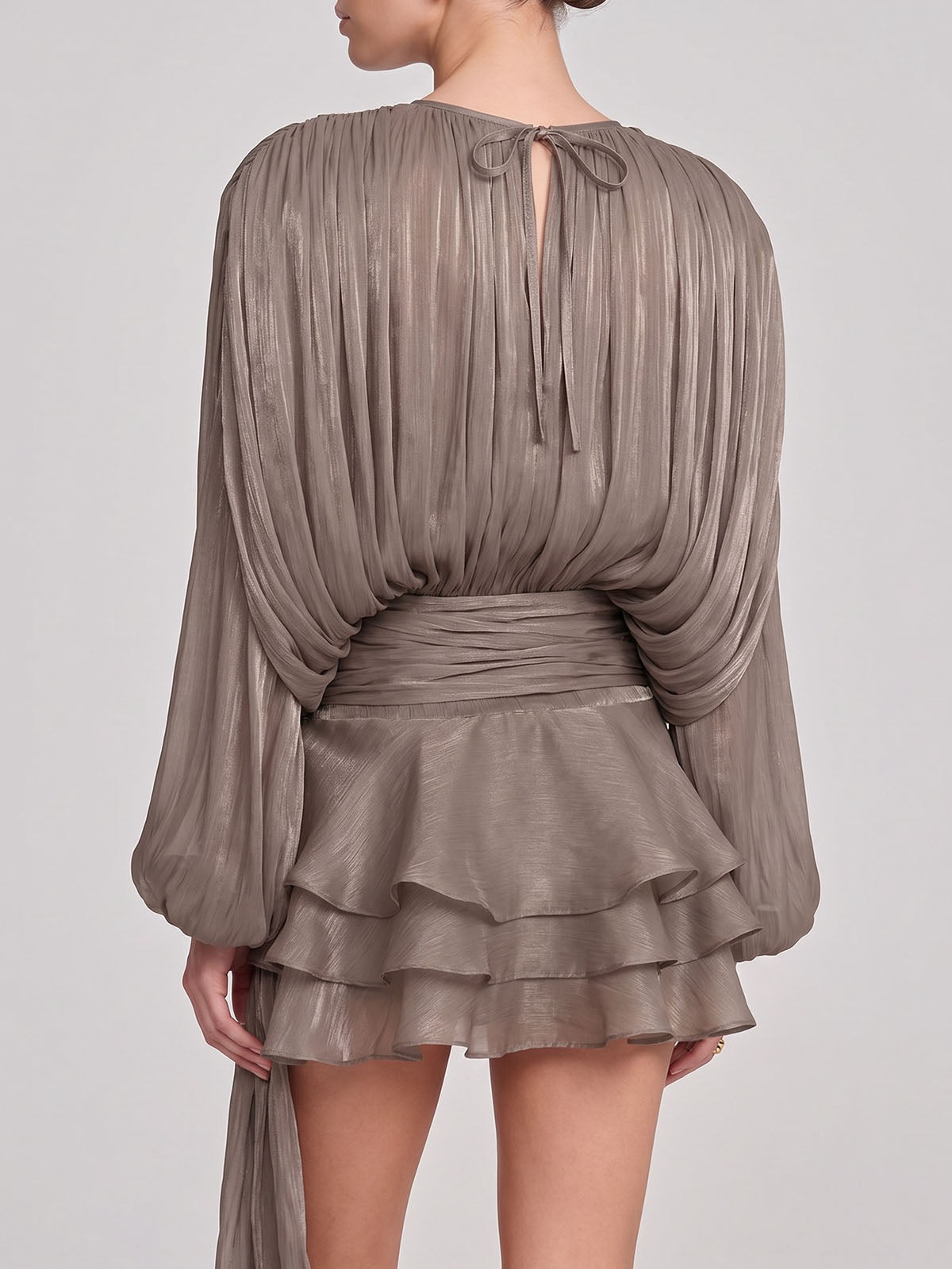 Glossy Tie Neck Pleated Balloon Sleeve Ruffle Mini Dress - Coffee