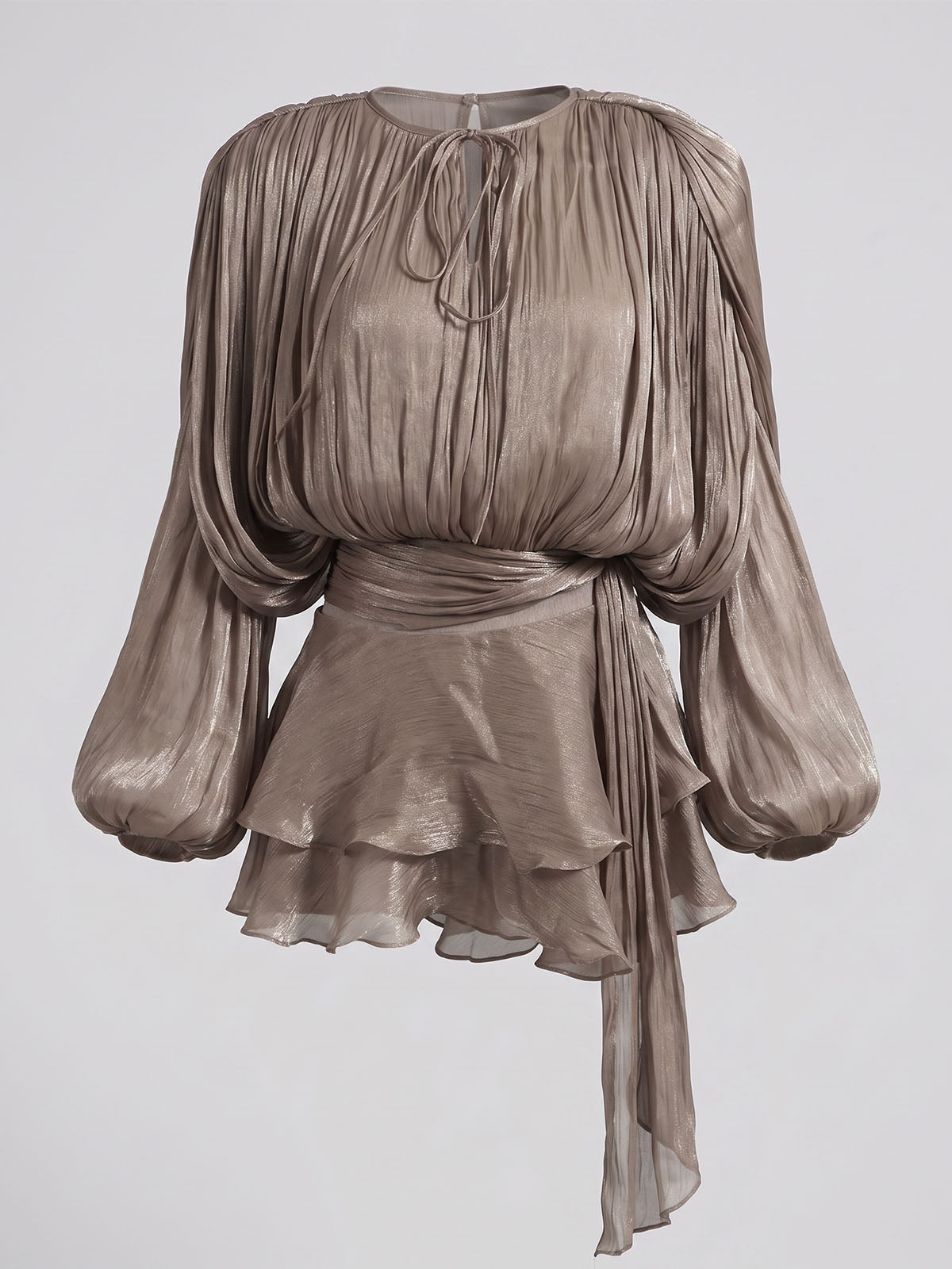 Glossy Tie Neck Pleated Balloon Sleeve Ruffle Mini Dress - Coffee