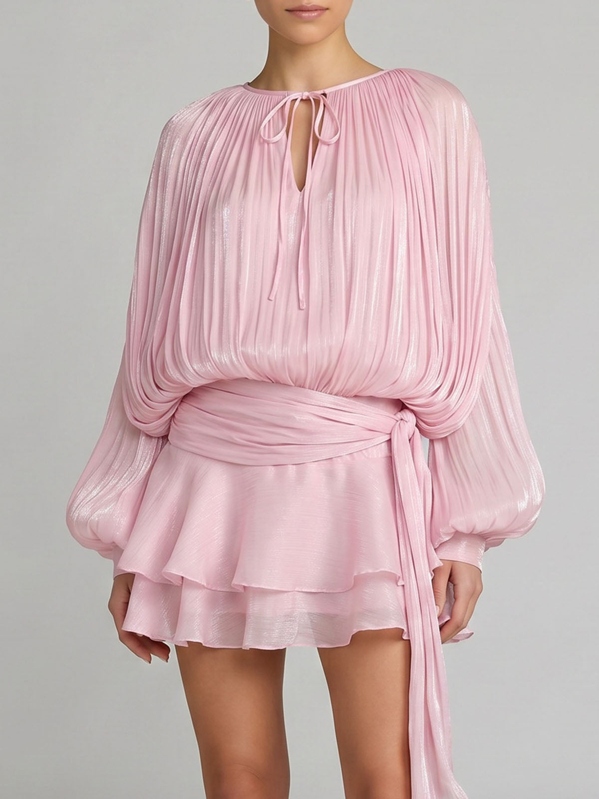 Glossy Tie Neck Pleated Balloon Sleeve Ruffle Mini Dress - Pink