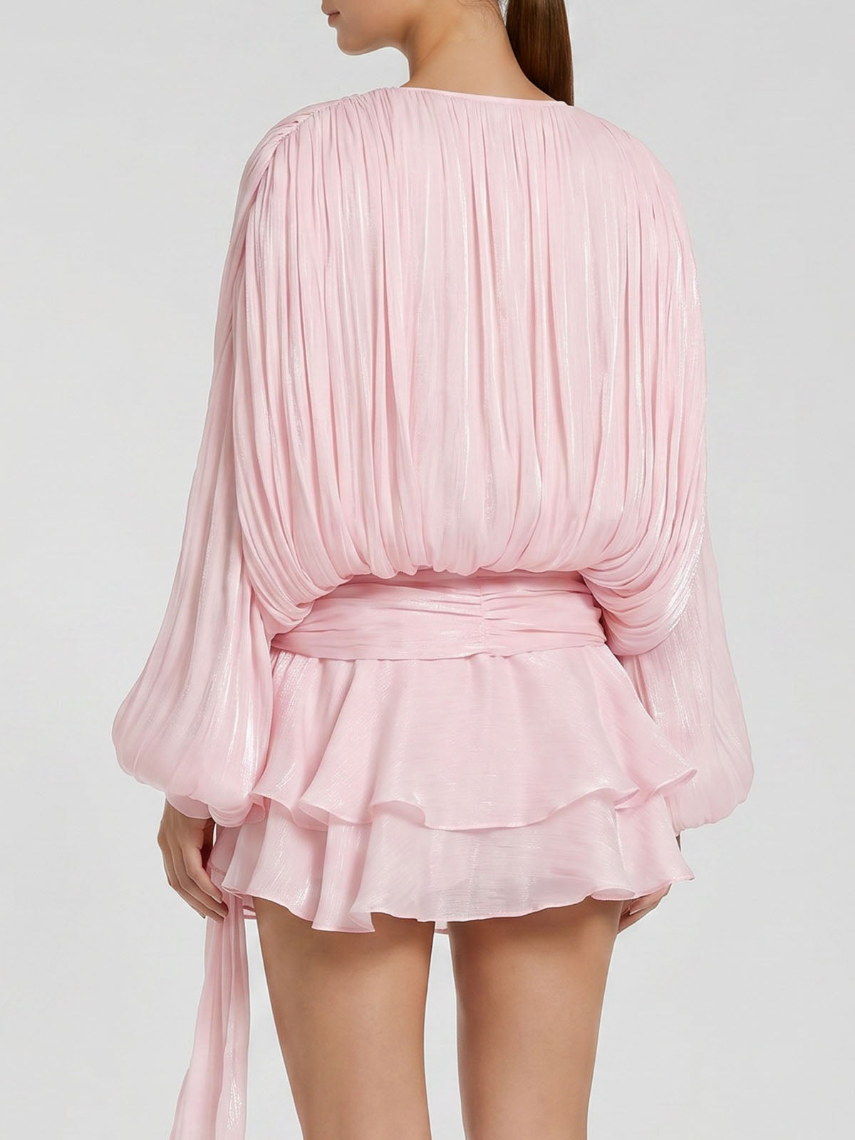 Glossy Tie Neck Pleated Balloon Sleeve Ruffle Mini Dress - Pink