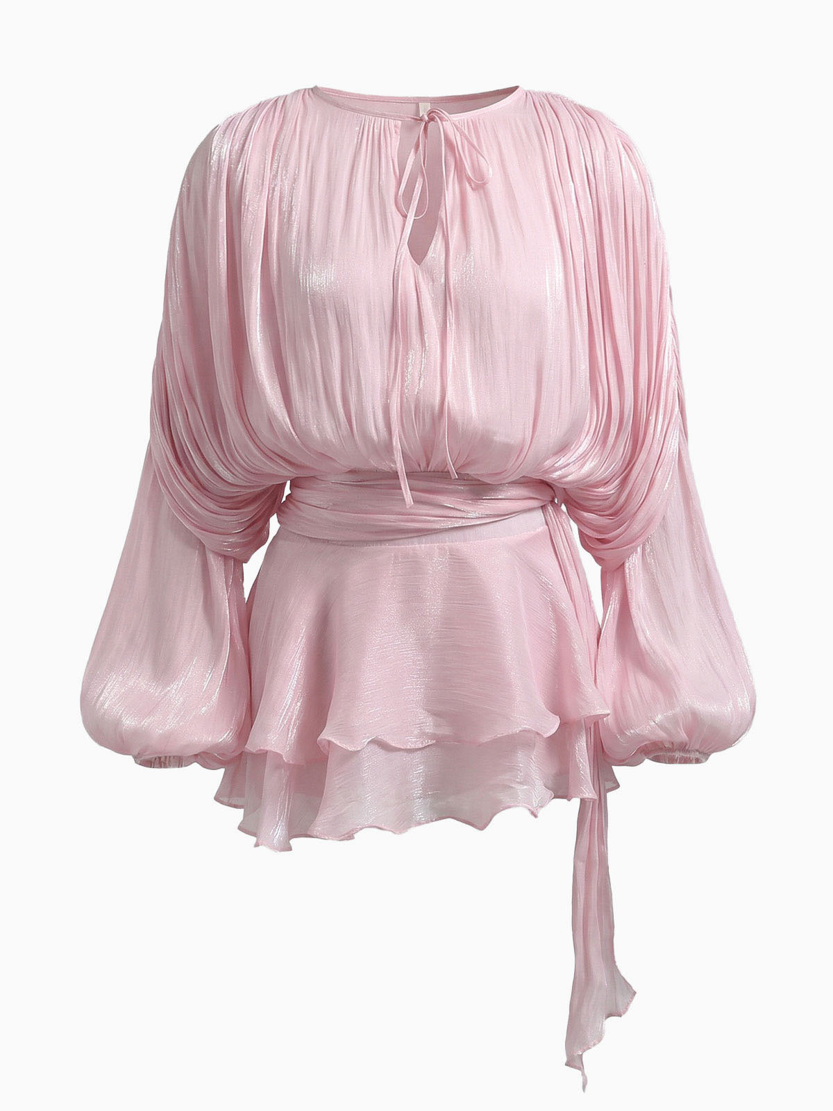 Glossy Tie Neck Pleated Balloon Sleeve Ruffle Mini Dress - Pink