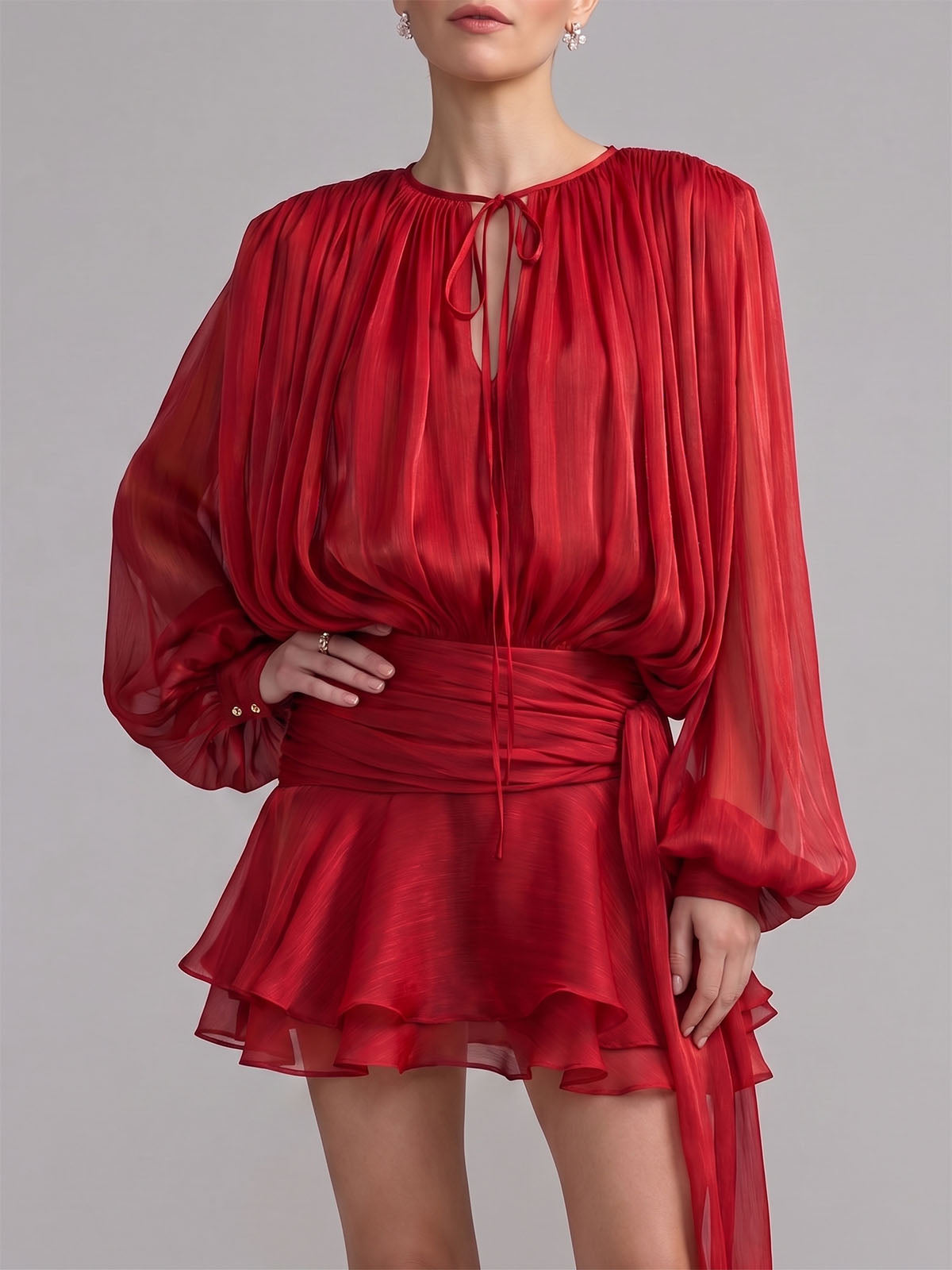 Glossy Tie Neck Pleated Balloon Sleeve Ruffle Mini Dress - Red