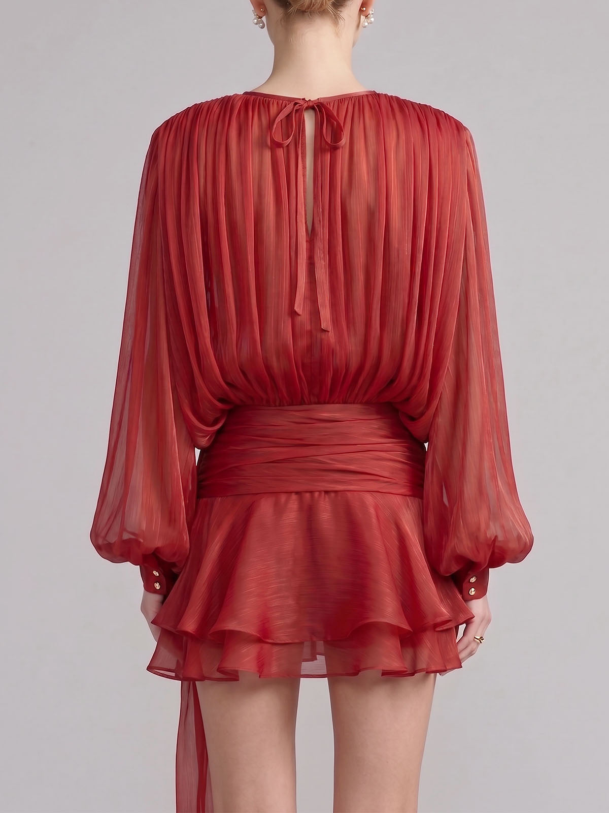 Glossy Tie Neck Pleated Balloon Sleeve Ruffle Mini Dress - Red