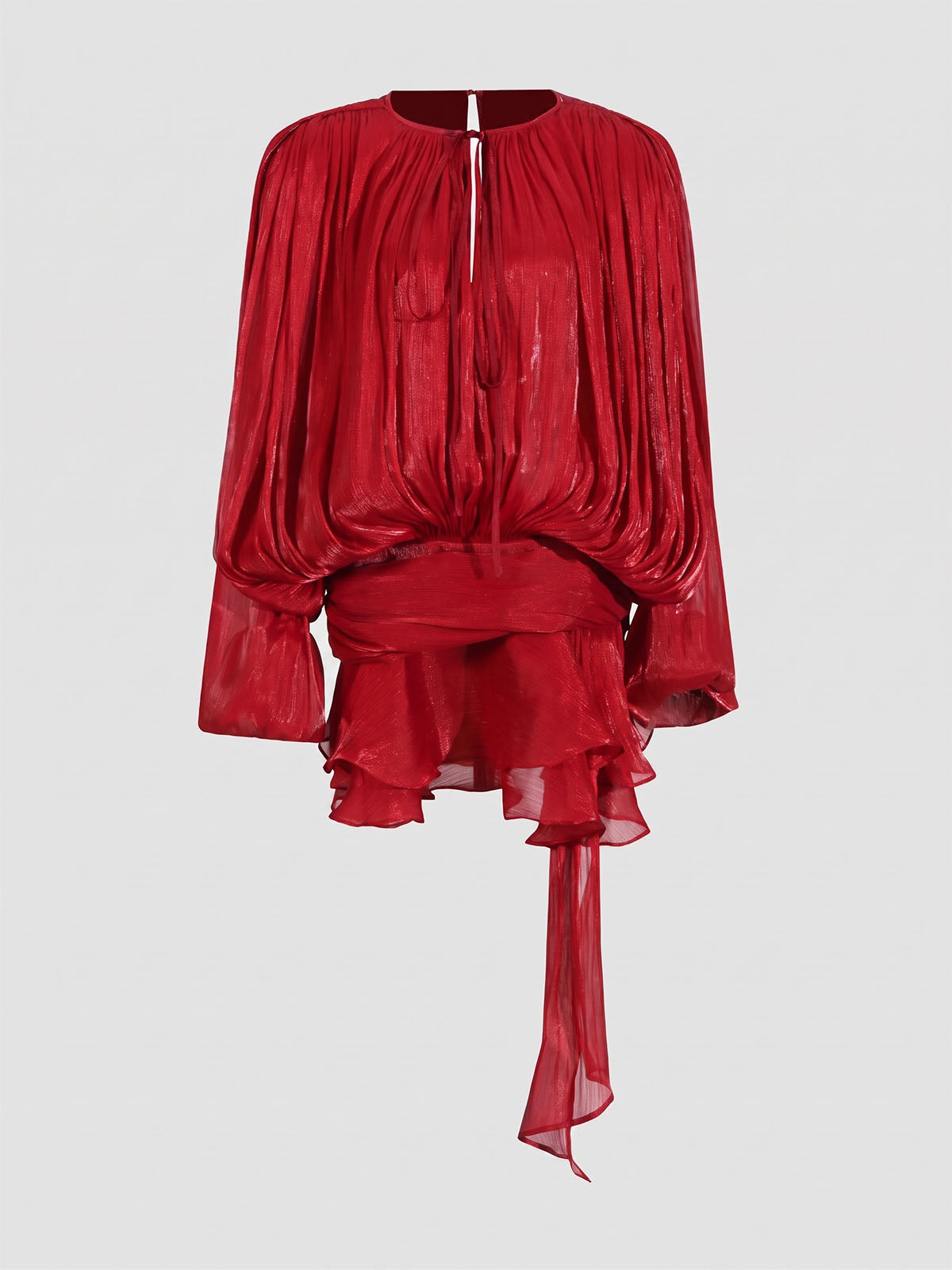 Glossy Tie Neck Pleated Balloon Sleeve Ruffle Mini Dress - Red