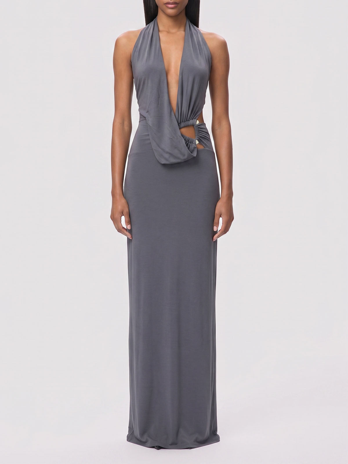 Goddess Draped Plunge Halter Metal Ring Cut Out Maxi Dress - Charcoal